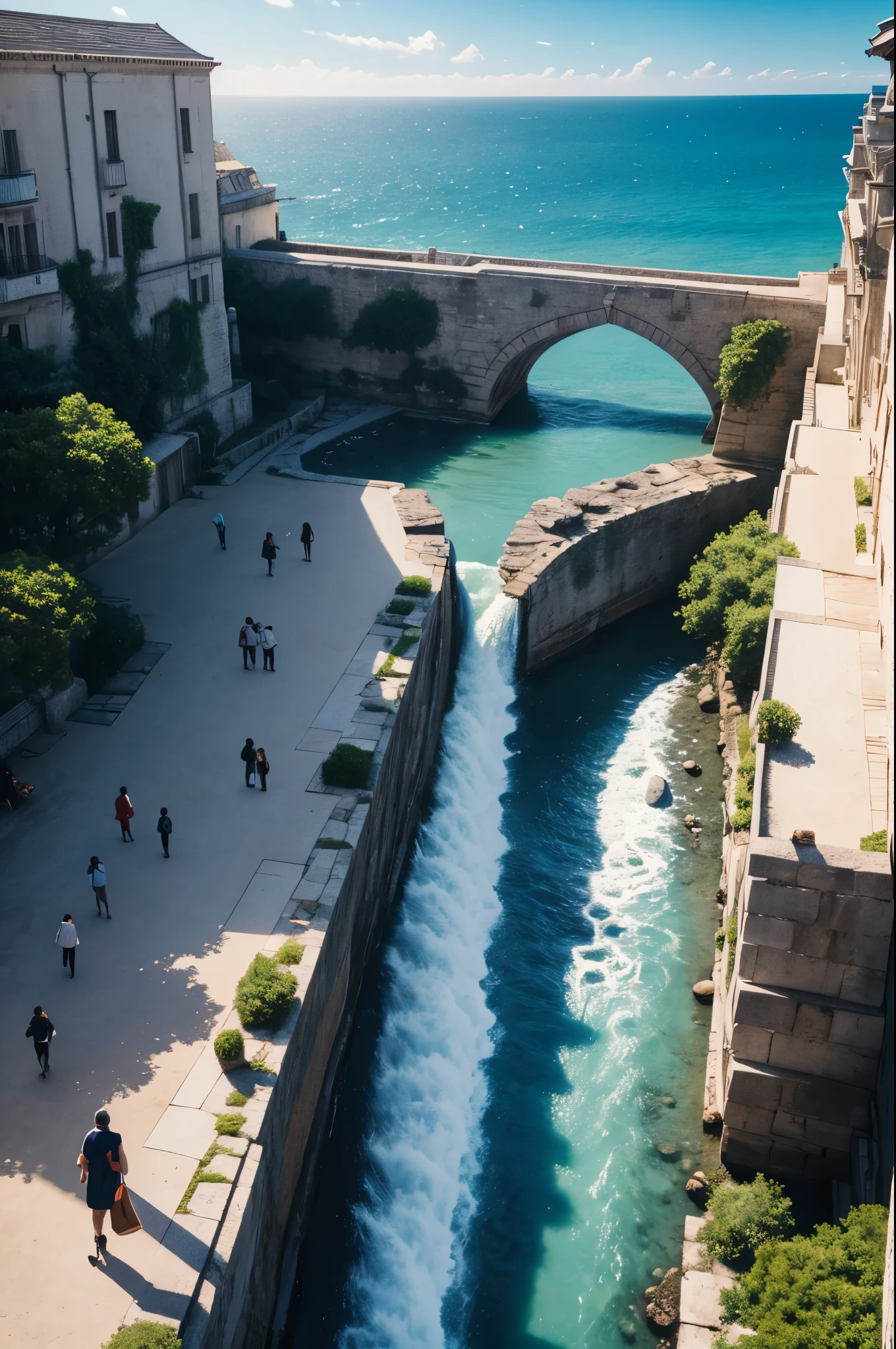 8K,white wallとオレンジ色の屋根で統一された港町,Landscapes of medieval Europe,A large square and fountain in the center of town,masterpiece,Photorealistic RAW photos of the highest quality。bright colors,rich colors, Backlight, cinematic lighting, film grain, to be born, 50MM lens, Nikon D850,fantasy art,ultra high resolution,white wall,Homer,beautiful sea,beautiful expression,people coming and going々,landscape photography,