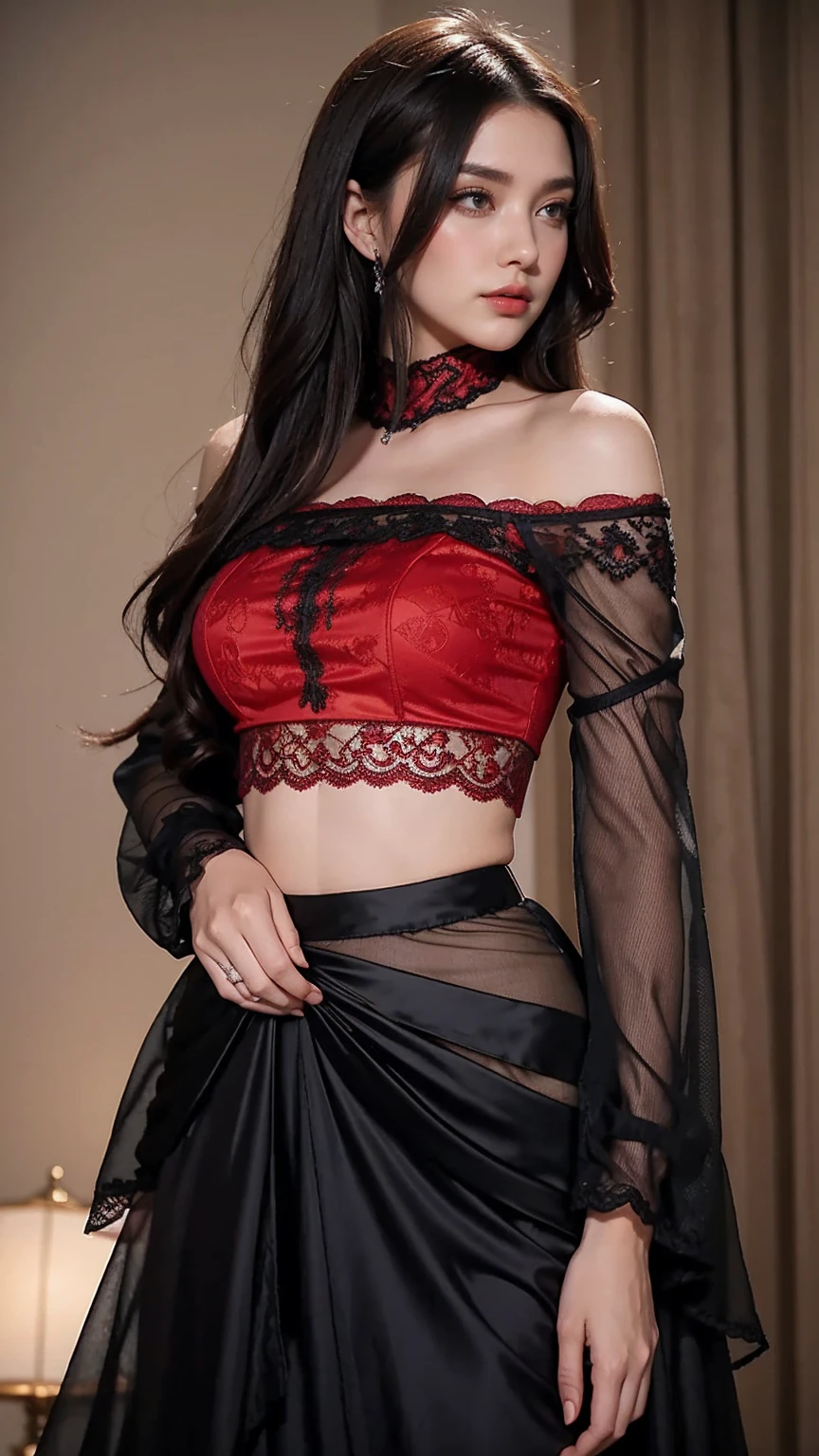 Steal the spotlight: a daring red lace crop top with sheer sleeves paired with a flowing black chiffon asymmetrical skirt. The top boasts romance, while the skirt adds elegance. Accessorize with silver accents for a mesmerizing look.