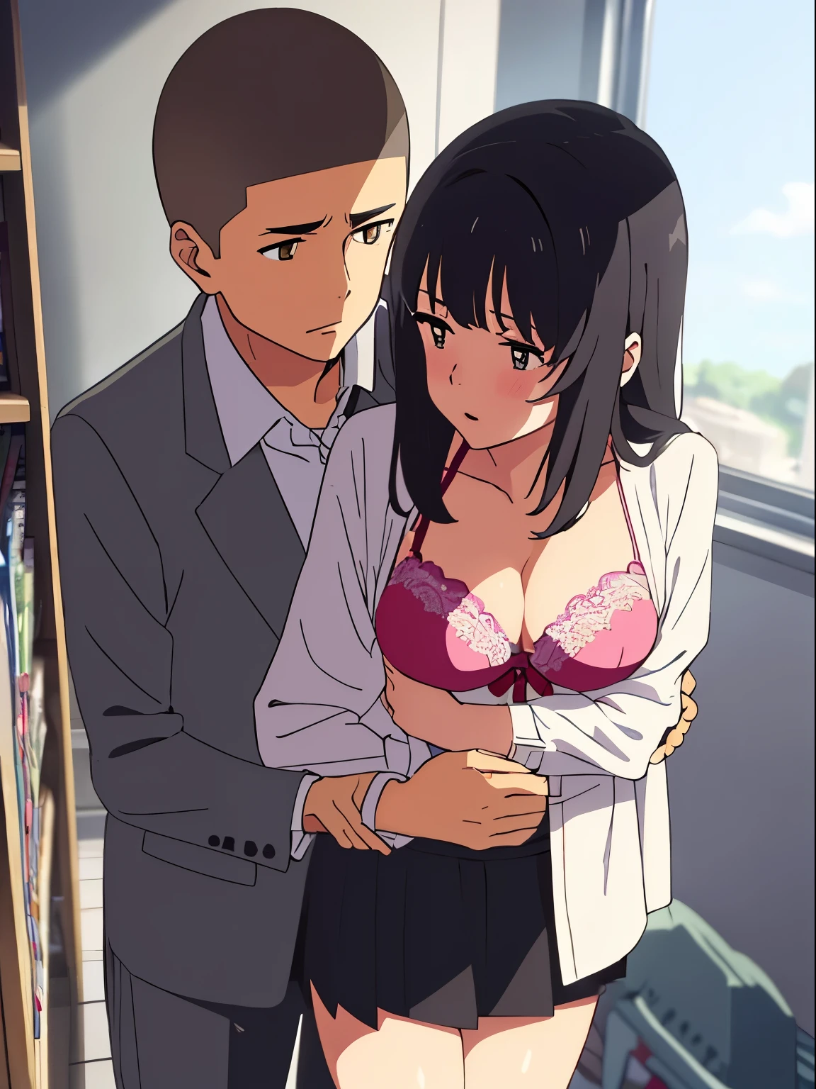 shinkai makoto, kimi no na wa., 1boy, buzzcut,office suit, boy caressing girl's body, kiss cheeks, passionate hug, boy is hugging from behind, breast groping from behind, 1girl, bangs, black hair, open mouth, brown eyes, Twisted Half Up, red ribbon, long hair, yellow blouse, open shirt, unbuttoned shirt, pink bra, cleavage, breast, medium breast, long gray skirt, storage room, indoors, masterpiece, perfect anatomy, cowboyshot