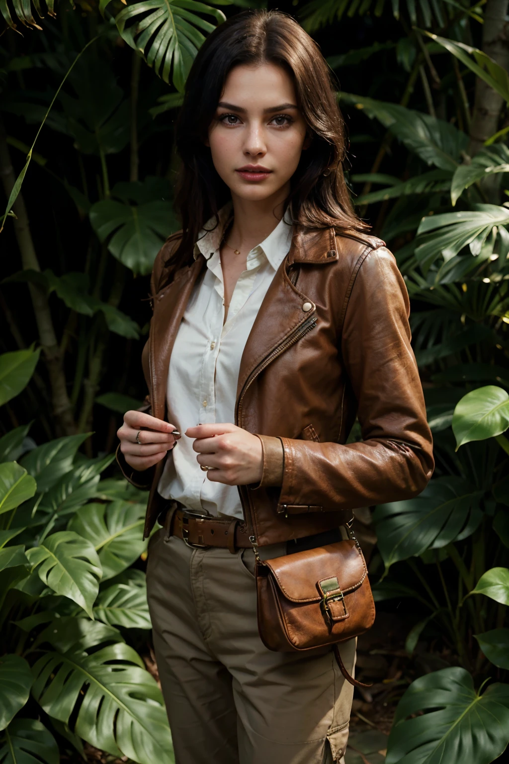 A lively and photorealistic scene featuring annast0ck with long black hair, wearing brown leather jacket, collared long-sleeved shirt, khaki pants, sturdy brown leather belt cinches his waist, shoulder bag, standing amidst the lush jungle, surrounded by curious native flora and fauna,
(masterpiece, best quality, high quality), hyperdetailed, highres, intricate detail, HDR, 8k, sharp focus, detailed background, perfect hands, realistic eyes, detailed skin texture, (blush:0.5), (goosebumps:0.5), subsurface scattering, realistic, photorealistic,
 