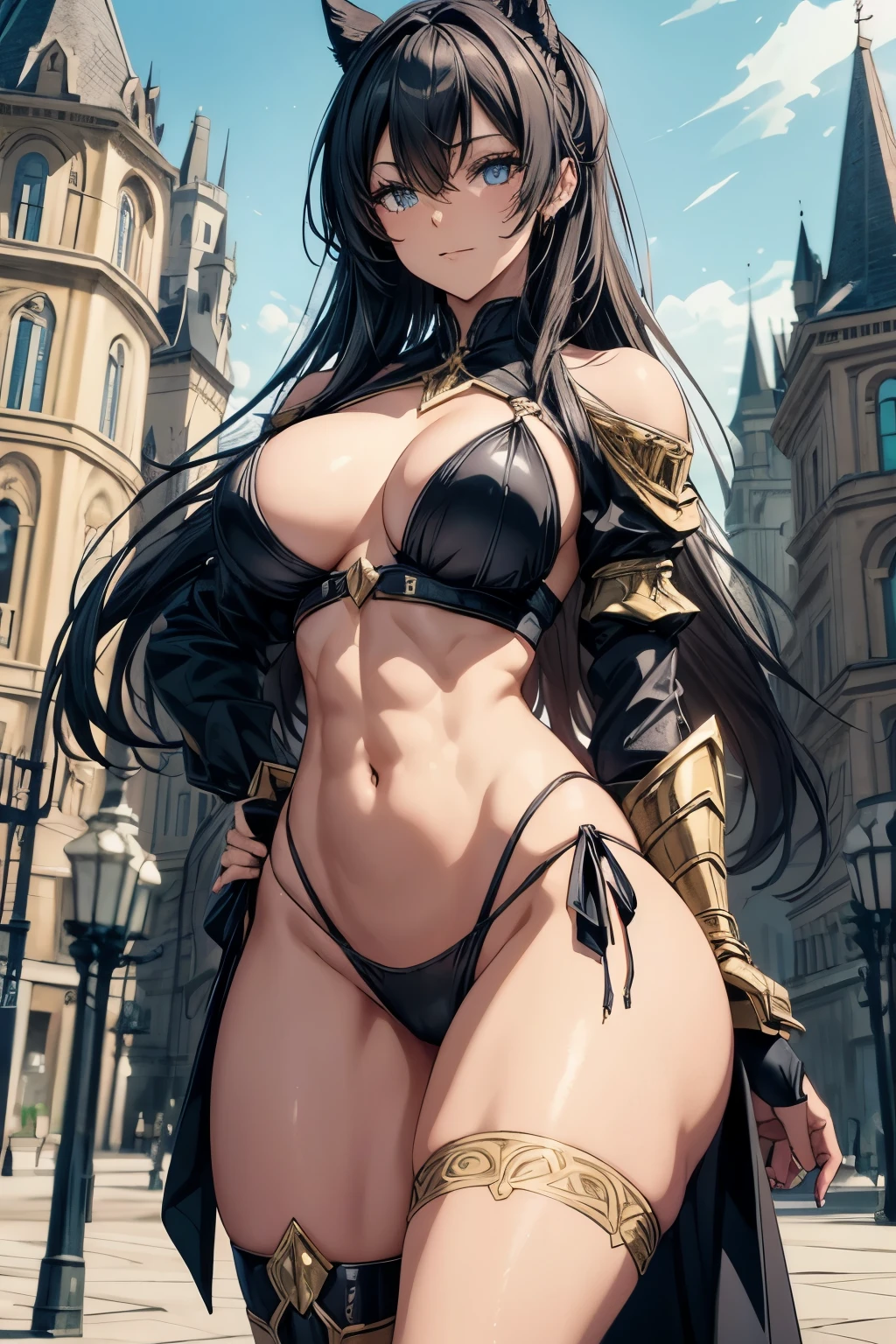 A gorgeous woman, clad in a skimpy warrior outfit, stands before a grand castle, her toned body exuding strength and allure. With a spear in hand, she is ready for battle, her navel peeking out from the low-cut armor. The highly detailed outfit showcases her narrow waist and smooth, red skin. Dynamic lighting casts sharp focus on her sharp features, illuminating every curve and crease, defining her as a woman of power and beauty. The castle looms behind her, its towering walls a stark contrast to her lithe form, as she readies herself for the impending battle. The scene is rendered with brilliant detail and depth, the dynamic lighting adding an air