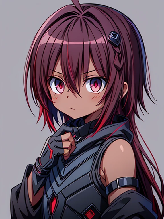 Masterpiece High res, high definition, male dark skin, cute shota,red eyes, dark brown hair, medium dark brown hair,wearing a black exoskeleton, detached sleeves, black armoured Gauntlets, black tech jacket,black bodysuit, black exoskeleton, black fingerless gloves, blue gems, 
