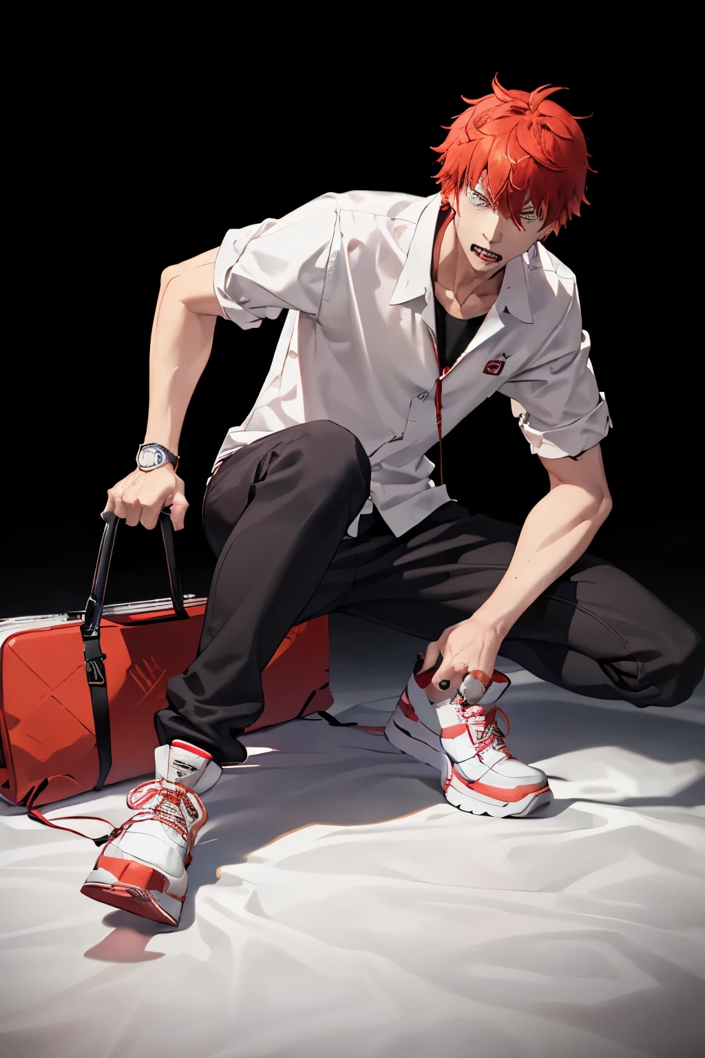 beautiful hybrid character, from the Chainsaw Man universe, wearing black tennis shoes, red hair, wearing a white Anime-style wristwatch, fair-skinned.

Ultra-detailed, Realistic, 4K, HDR, studio lighting, sharp focus, vivid colors, bokeh, capturing the lively energy of the Chainsaw Man character.

With a strong and unique appearance, the hybrid character's vibrant red hair contrasts beautifully against their fair-skinned complexion. As they look down at their white Anime-style wristwatch, the black tennis shoes peek out from under the hem of their clothes, adding a playful touch to their outfit.
