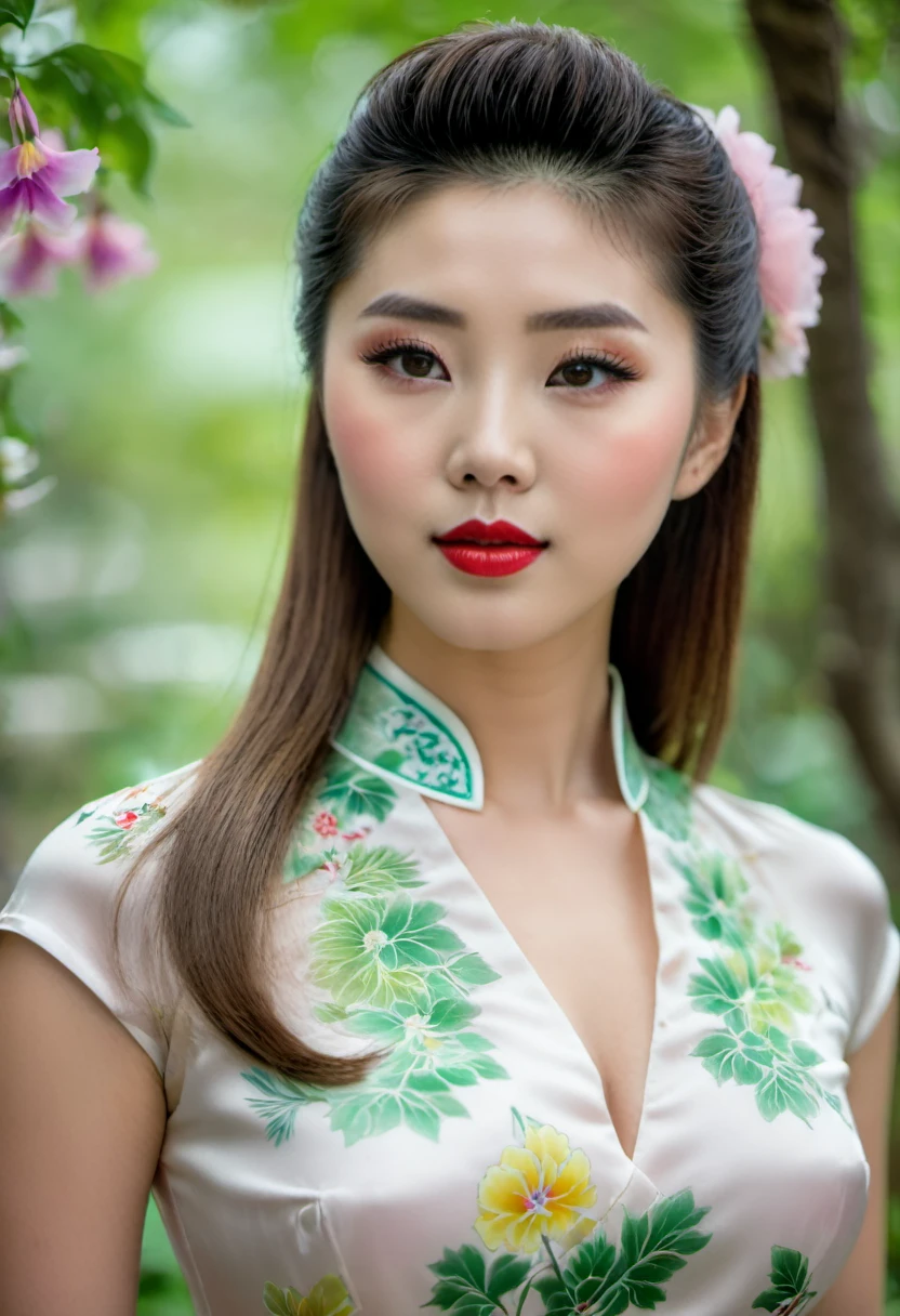 Mannequin de 18 ans [[[[gros plan décolleté]]]], [[[[boobgasme]]]], [[[[Coll]]]], [[[[shoulders]]]], yeux parfaits, iris parfait，Perfect lips，des dents parfaites，peau parfaite，Visage long，nez fin，Soft front light，hdr，Fille de cinéma，Cheongsam rouge，Cheongsam vert，Cheongsam blanc，cheveux longs et blancs，Long hair with a shawl，Des cheveux longs comme une cascade，Green trees and flowers in the background，（couleur pastel：1.2）