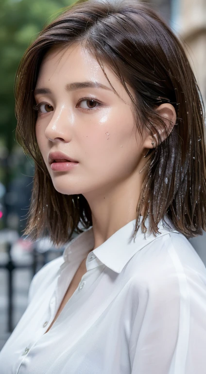 ((Best Quality, 8K, Masterpiece: 1.3)), Sharp: 1.2, Perfect Body Beauty: 1.4, Slim Abs: 1.2, ((Layered Hairstyle, Big Breasts: 1.2)), (Wet White Button Long Shirt: 1.1), (Rain, Street: 1.2), Wet: 1.5, Highly detailed face and skin texture, detailed eyes, double eyelids, side face looking at the camera