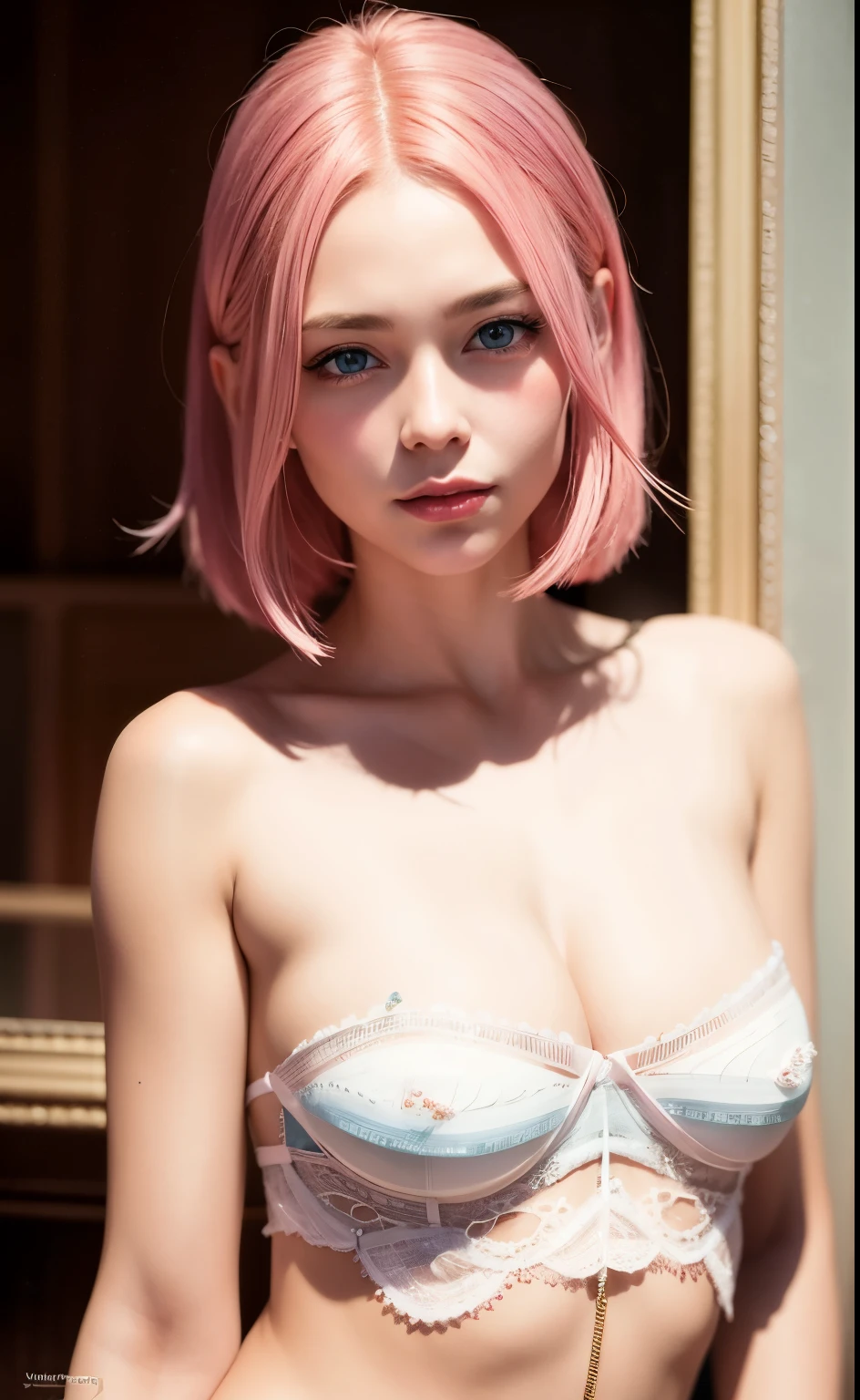best quality, ultra high resolution, (lifelike:1.4), (Detail of beautiful girl:1.4), (medium breasts:0.8), watching_exist_audience, Detailed facial details, Beautiful and delicate eyes,pink hair, blue eyes, thin and long, unforgettable smile, (cosmetic:0.3), red lips, Very detailed clothes, (ulzzang-6500-v1.1:0.3)