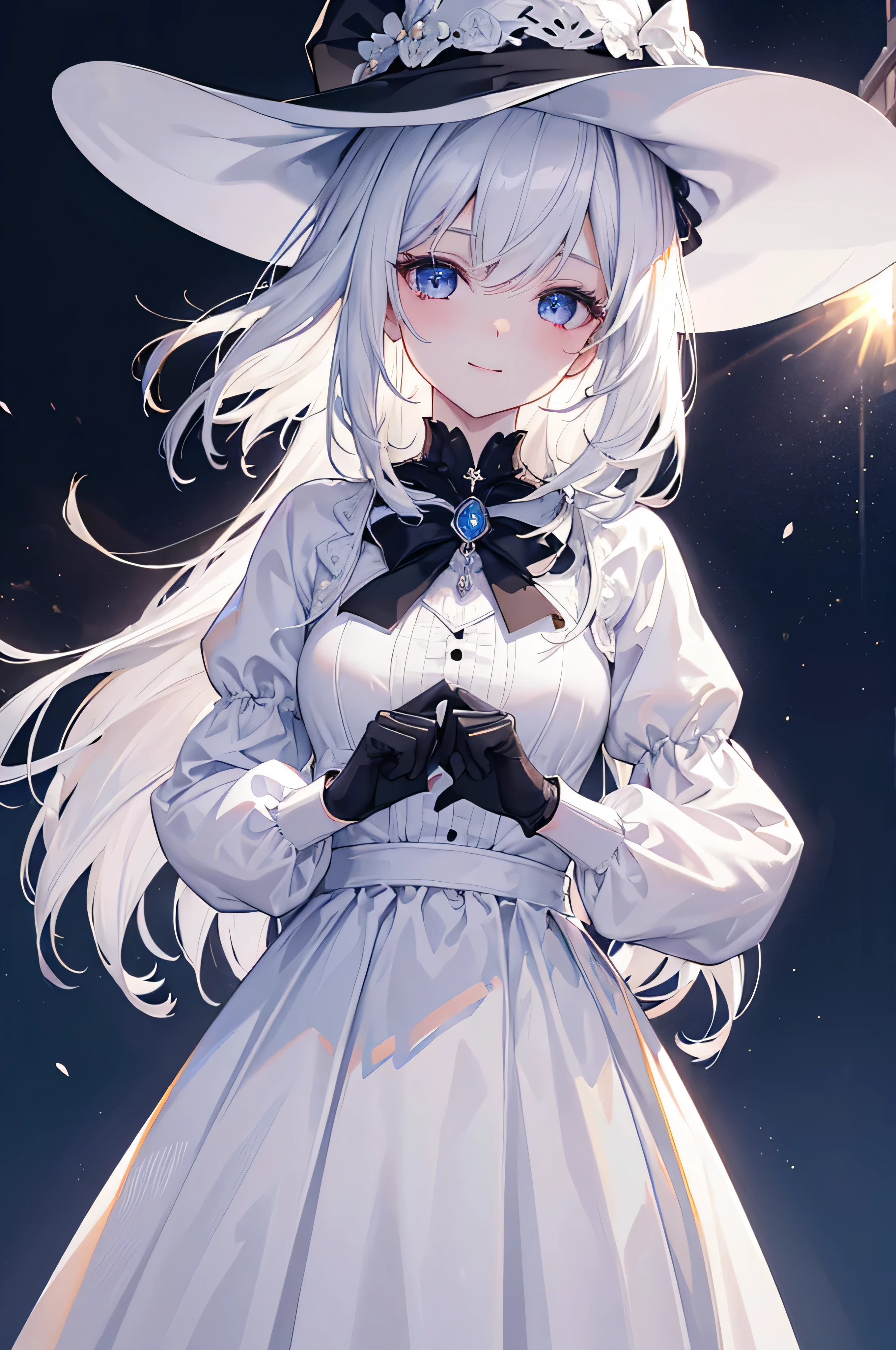 (8K, highest quality, masterpiece:1.2),(eye),((Clothes details)),High-definition CG Unity 8k, focus, realistic, shadow, soft lighting, close-up, white hair, flutter hair, gorgeous, warm smile, witch, high waist skirt, white skirt, long sleeves, ribbon, white dress, gloves, Choker noble necklace. ((skies))