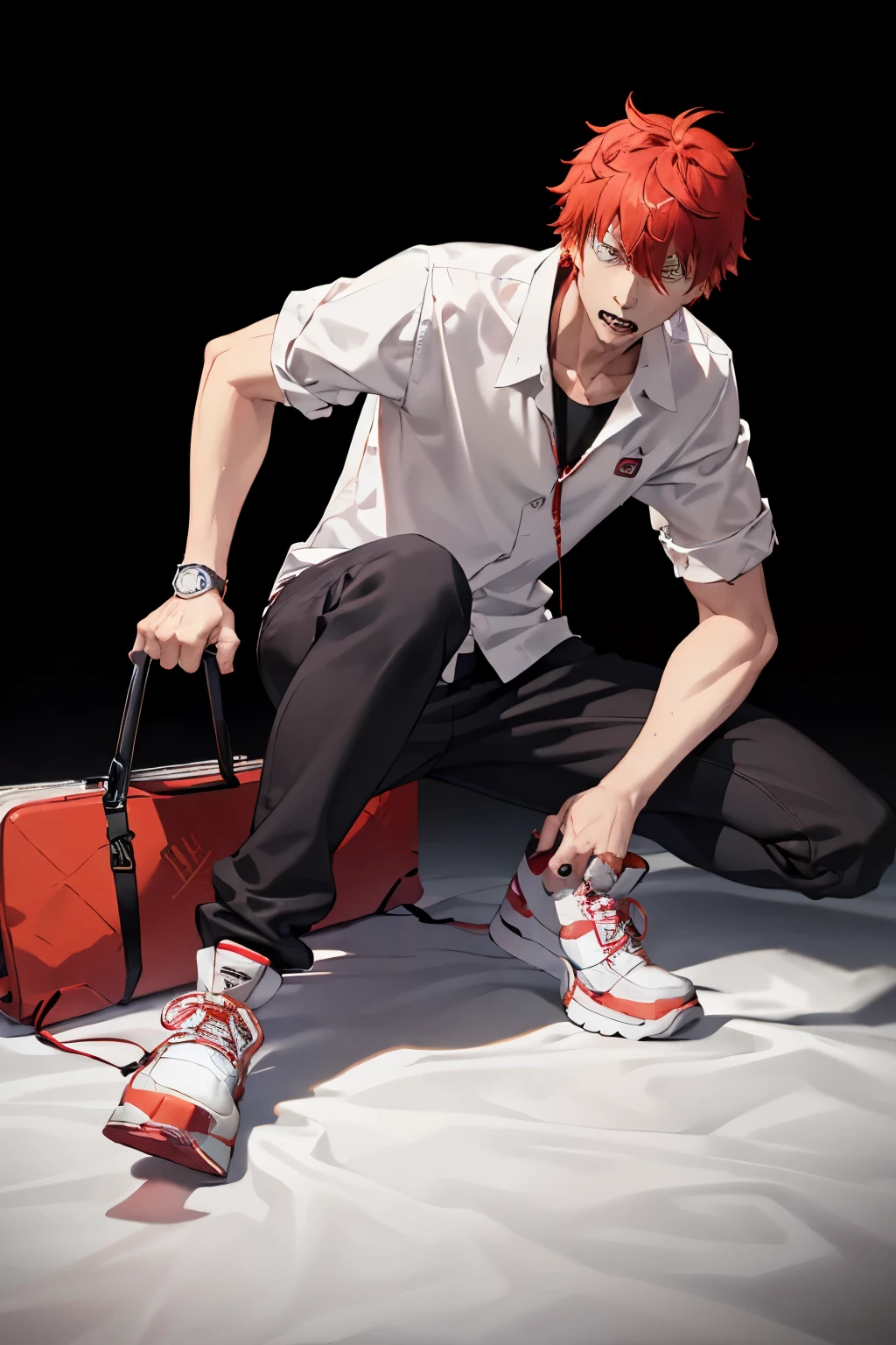 beautiful hybrid character, from the Chainsaw Man universe, wearing black tennis shoes, red hair, wearing a white Anime-style wristwatch, fair-skinned.

Ultra-detailed, Realistic, 4K, HDR, studio lighting, sharp focus, vivid colors, bokeh, capturing the lively energy of the Chainsaw Man character.

With a strong and unique appearance, the hybrid character's vibrant red hair contrasts beautifully against their fair-skinned complexion. As they look down at their white Anime-style wristwatch, the black tennis shoes peek out from under the hem of their clothes, adding a playful touch to their outfit.

