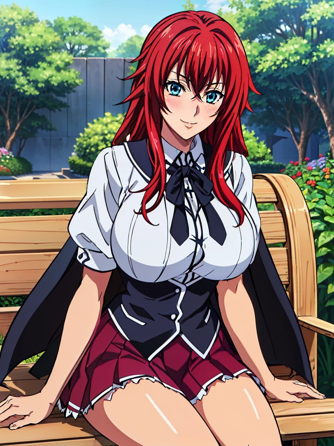 sitting at garden bench, Black cape, Black neckwear, white shirt, short sleeves, red pleated skirt, sailor coll, garden background, Rias Gremory, anime cels style, best quality, high resolution, 1girl, (huge breasts:1.2), beautiful face, Red hair,Very long hair, Blue EYES, cowboy shot, smiling, blush