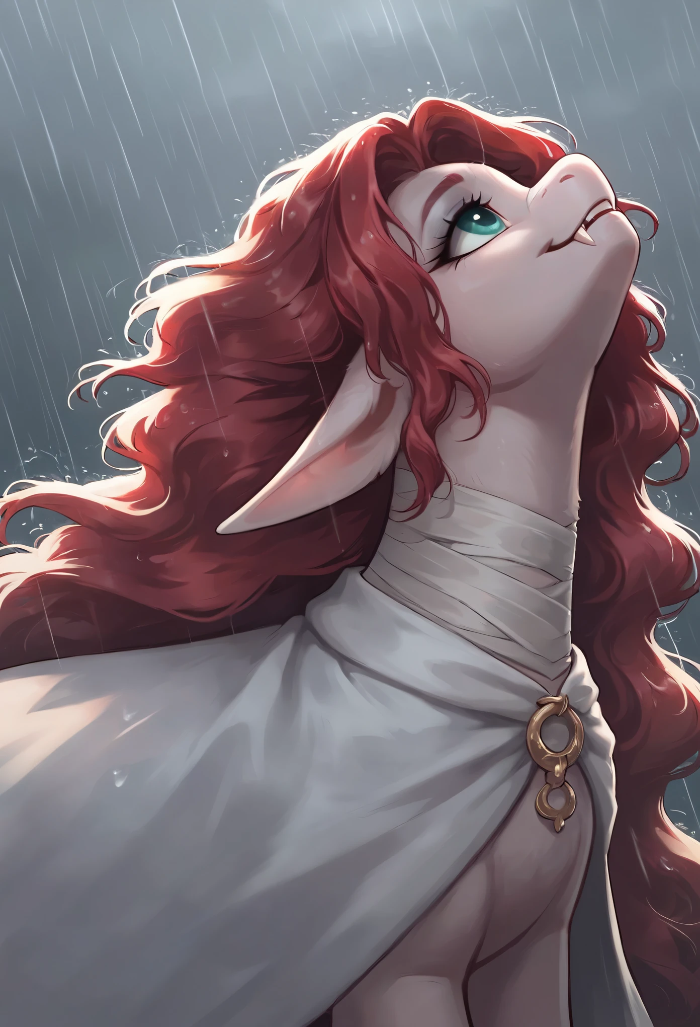 score_9, score_8_up, score_7_up, feral, pony, solo-focus, female pony, adult, (straight ear), white fur, "pointed ears", smile, in the rain, hairstyle with the bun,"red hair", {(white body), (wavy medium long hair), fangs, makeup, elf ears, aqua eyes}, shirt, "neck bandages", white cloak, clothing folds, "white cape at the shoulders", looking up, mantle, rain, beautiful anime scene, low-angle shot, close up view, rain, cinematic, cinematic lighting, from side-view,