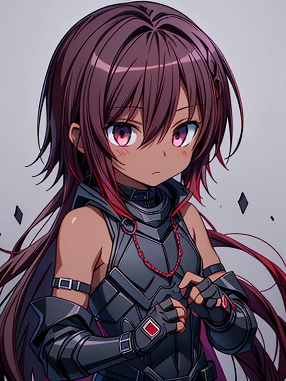 Masterpiece High res, high definition, high quality 
detailed, male dark skin, cute shota,red eyes, dark brown hair, medium dark brown hair,wearing a black exoskeleton, detached sleeves, black armoured Gauntlets, black tech jacket,black bodysuit, black exoskeleton, black fingerless gloves, 