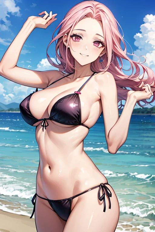 Masterpiece, highest quality, beautiful background, (sea,sky), gravure idol, sexy pose, string bikini, pink hair, pink eyes, the most beautiful woman in the world, the best style, sparkling eyes, detailed eyes, beautiful face,A bursting smile,Forehead exposed,dynamic pose