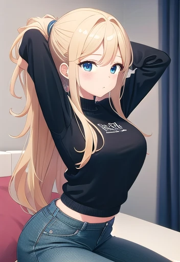 masterpiece,best quality,ultra detail,girl, , black jeans, christmas sweater, christmas tree, sitting, blonde hair, blue eyes, long hair, stretching, arms up, blush, wide hips