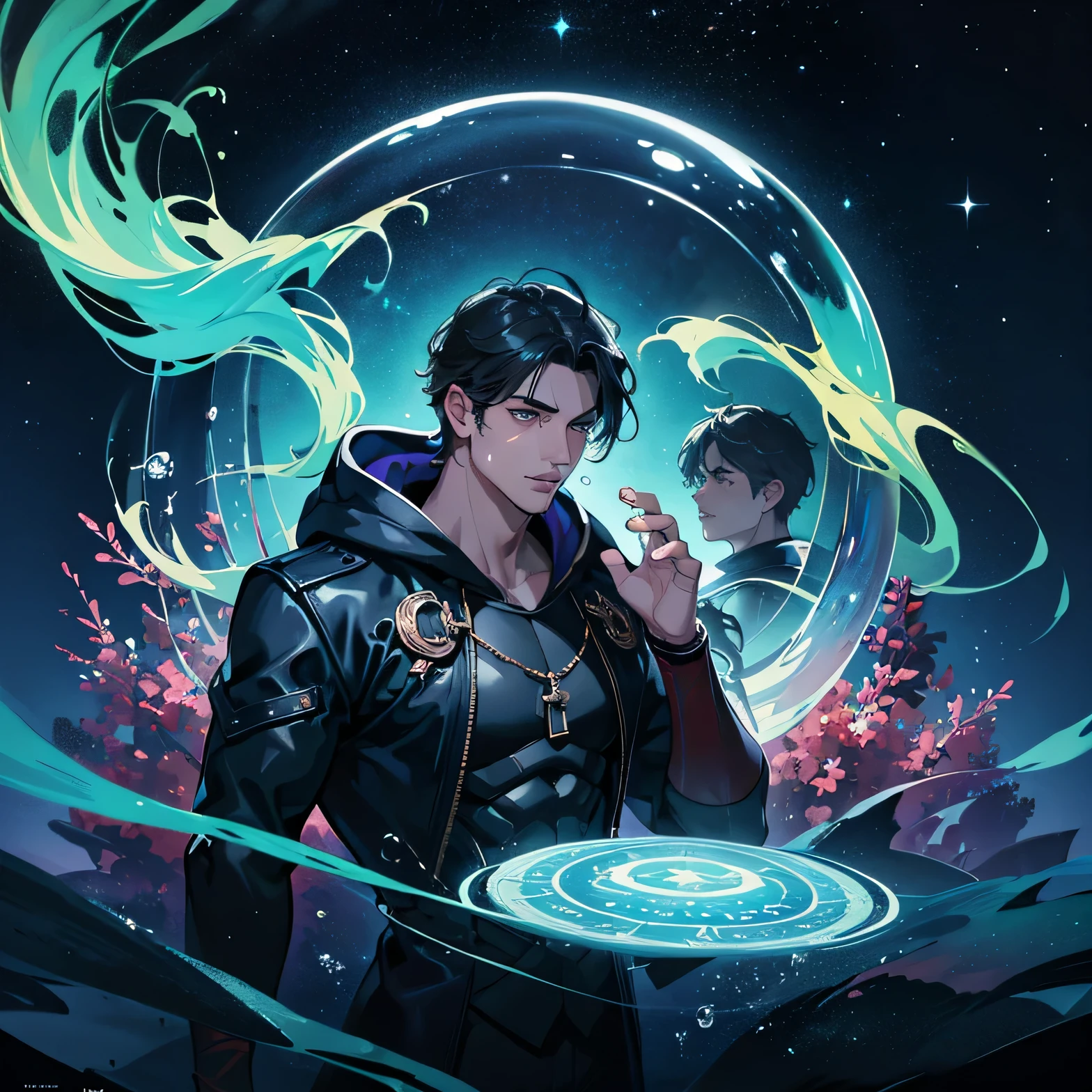 masterpiece, best quality, 1 male, adult, mature, tall muscular guy, Dark theme, Magic circle, bubble, rainbow Sunlight, Underwater, Reflected mirror, floating piece of Glass, Rainbow light, Bubble Swirling, wind Swirling, Aurora, fantasy scenery, Starlight around the character, (upper body)