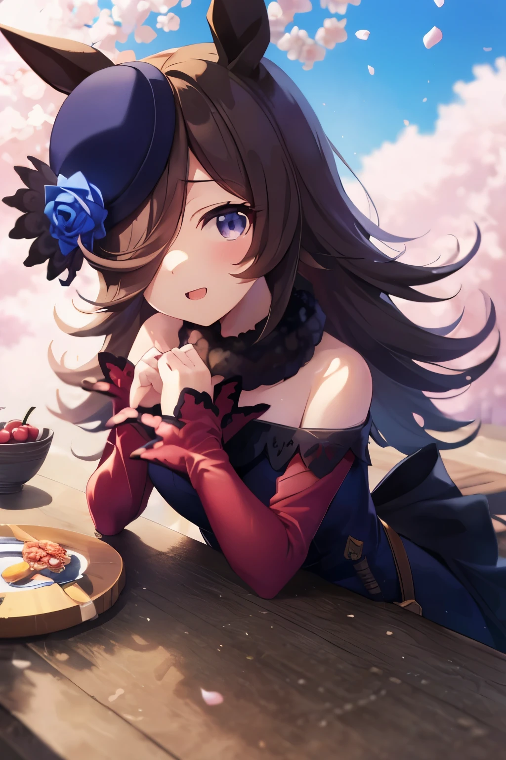 (table top.highest quality).(dynamic angle). (CG painting with very impressive details),(perfect image)、comic strip.shape.1 girl.detailed face、perfect face.delicate face、girl wearing a delicate uniform、rough skin、black hair.length、(Umamimi Girl)Umamimi Girl、((beautiful blue eyes)).delicate and beautiful eyes、fine eyes、reflected eyes、smile.(look at the audience:1.3).(face is a little red:0.8)、8k wallpaper、cowboy shot、reflected light、most detailed、Complex、((outdoor))、明るいbackground、light shines in、brightness of light、【background:cherry blossoms】background美しいcherry blossoms、rough skin、fine skin、(super resolution)、wearing a uniform、(((cherry blossomsの木)))