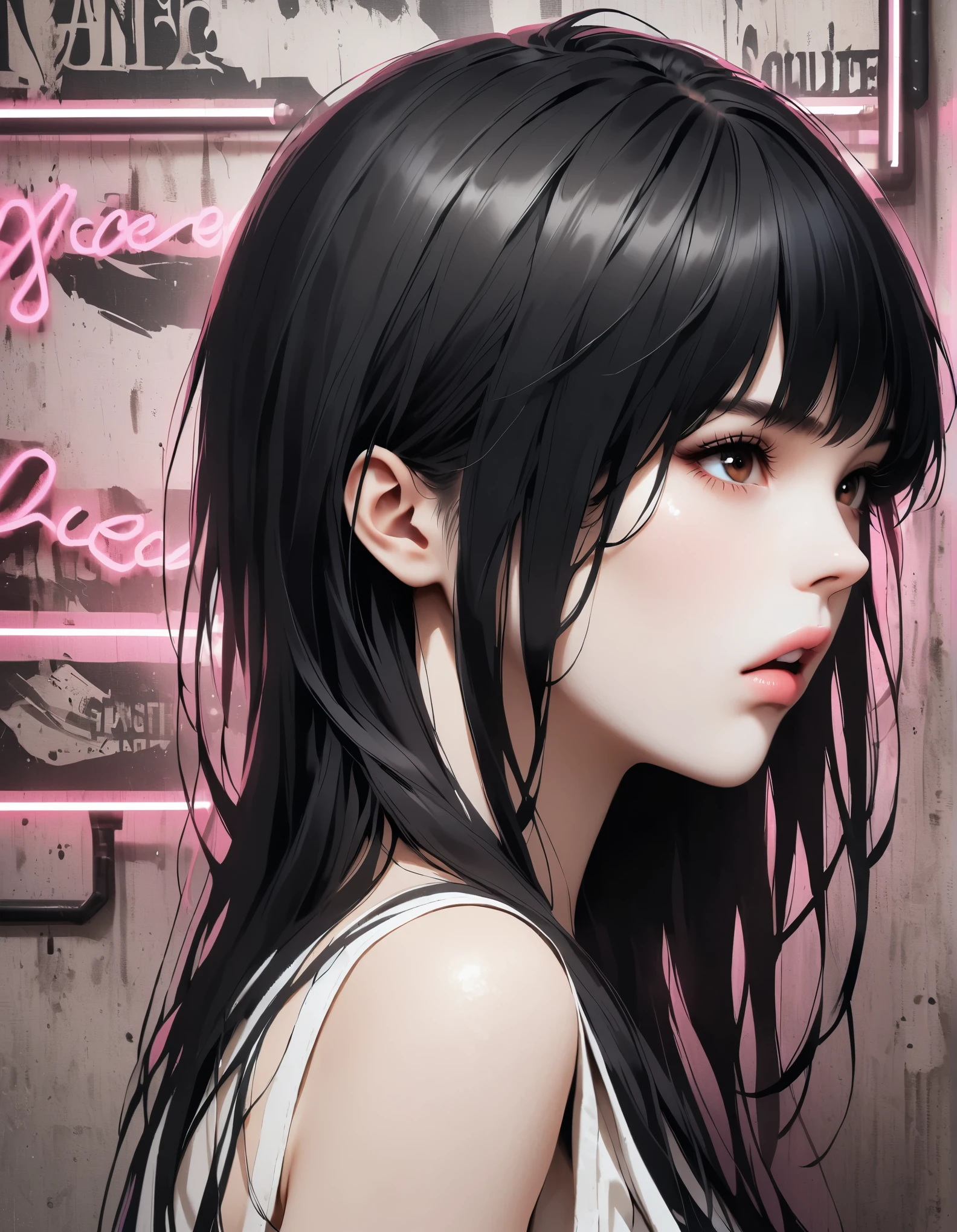 in style of Garry Trudeau, character, ink art, side view ，(better quality, outline:1.2),realist,illustration，(Close-up of long-haired girl&#39;s face）, （front），delicate lips, Red exquisite clothing, (Newspaper wall background：1.3),Retro Style, (black bob hair:1.75 neon lights:1.32), , dark shadow