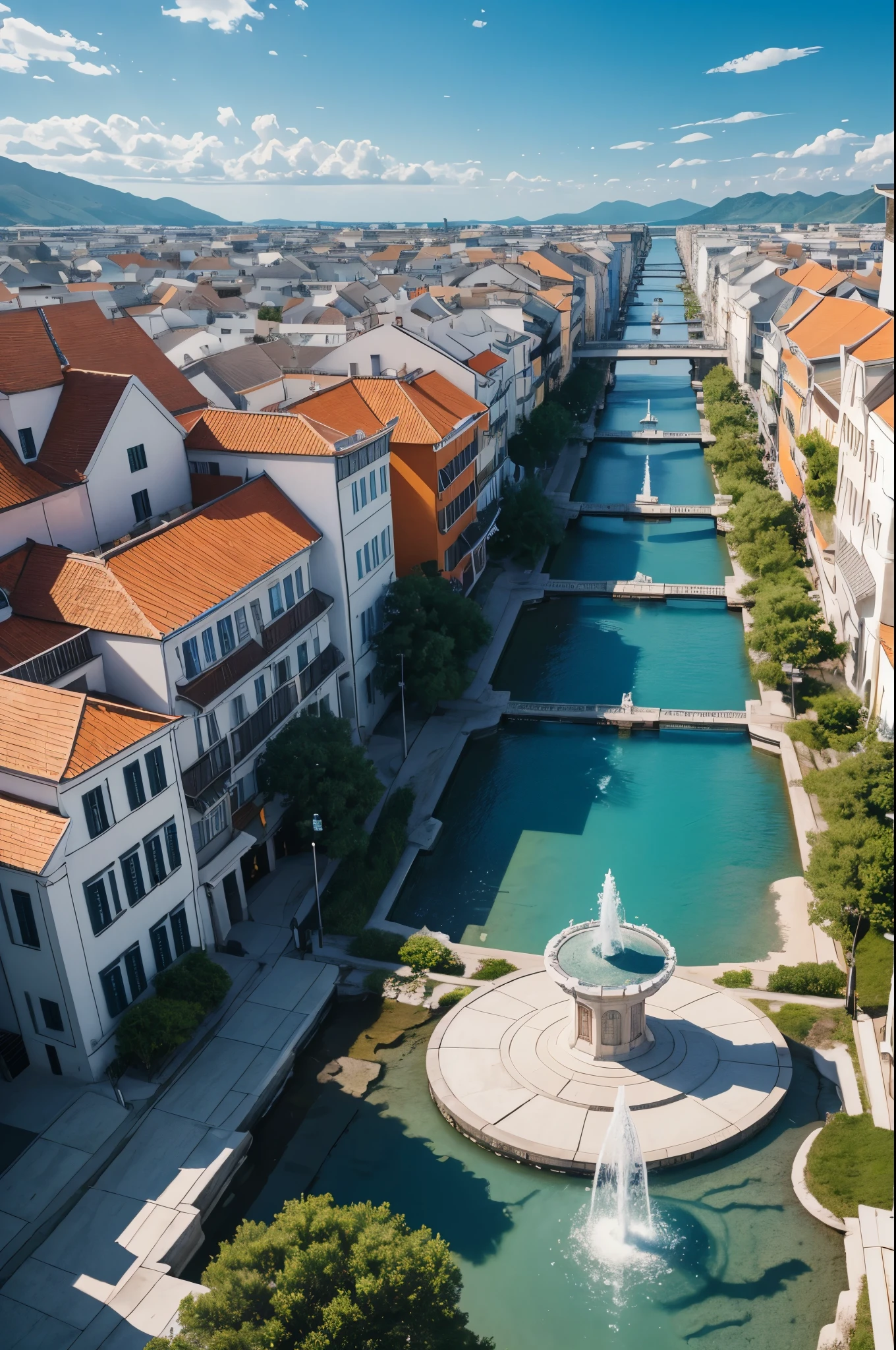 8K,white wallとOrange roofでUniteされた港町,Landscapes of medieval Europe,A large square and fountain in the center of town,masterpiece,Photorealistic RAW photos of the highest quality。bright colors,rich colors, Backlight, cinematic lighting, film grain, to be born, 50MM lens, Nikon D850,fantasy art,ultra high resolution,white wall,Homer,beautiful sea,beautiful expression,people coming and going々,landscape photography,Orange roof(Unite),