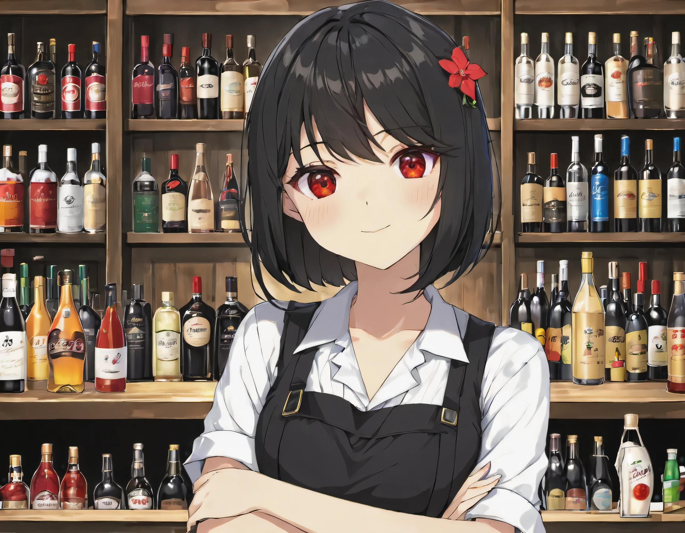 bar clerk clothes#woman#Background Bar#black hair#red eye#short#Cool appearance#Making sake#Bar clerk