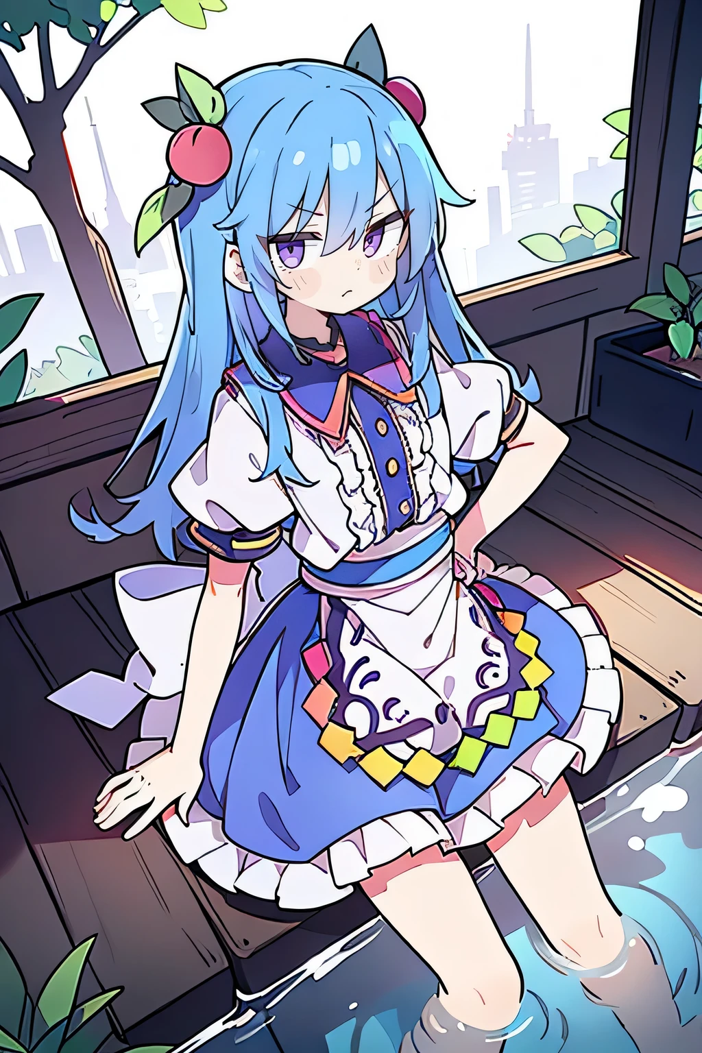 (masterpiece),best quality, expressive eyes, perfect face, 1girl,
 Put your hands on your waist,fair, Gorgeous,Japanese cartoons,girl,lola,Hina Angel, blue hair, blue haired, floating clothes,Grab your waist, Grab your waist, hands on hips , hands on hips,sit, sit on ground, Legs on the ground, flat chest