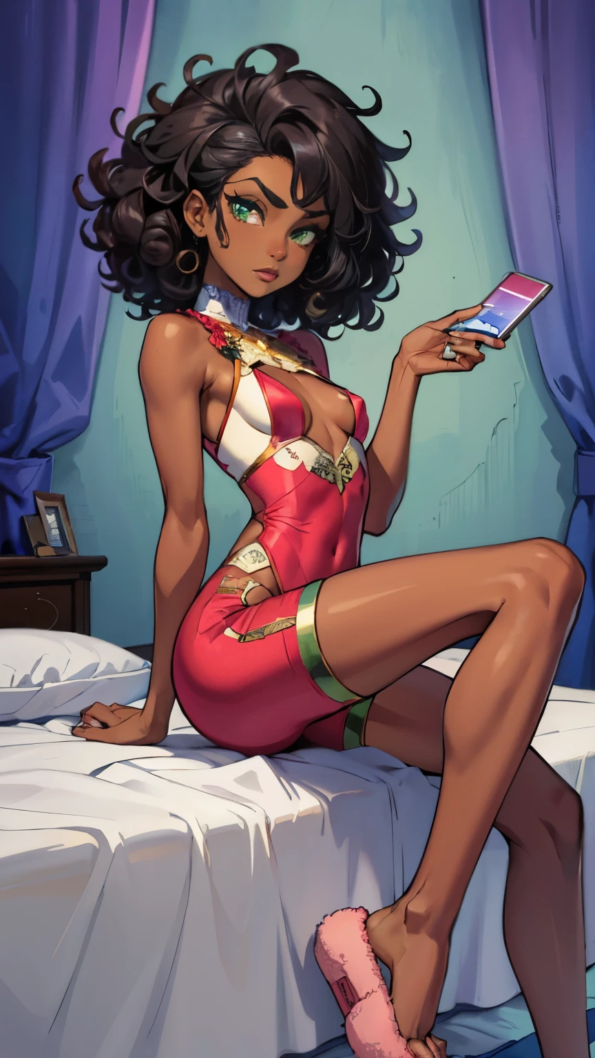 ((Masterpiece, hiquality, absurdress), (dark-skinned:1.3), 1Woman, black hair, curly hair, Afro-curly hair, long eyelashes, bushy eyebrows, Green eyes, a perfect face, the perfect body, (small breasts:1.4), short stature, very dark skin, Hindu woman, solo, ((Best Quality)), ((Masterpiece)), (Detailed:1.4), Detailed eyes and face, Designer pajamas, Designer underwear, designer bed linen, Designer slippers , Languid look, Evening, big bed, Primordial world