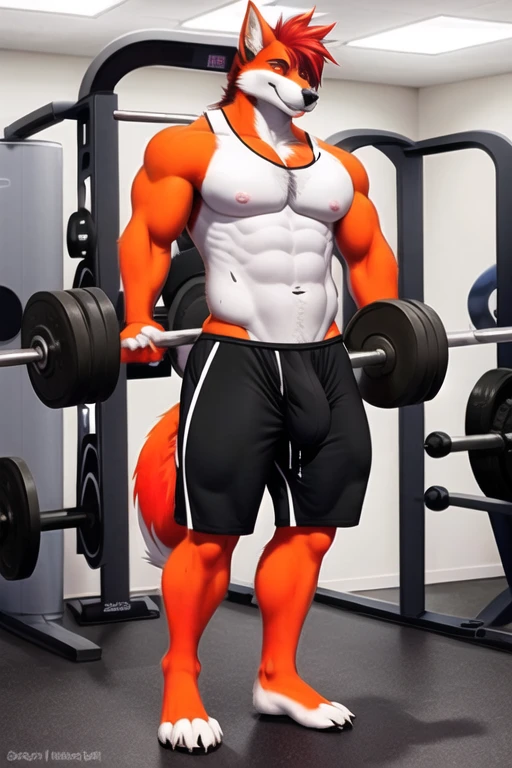 Fursuit, anthropomorphic wolf, furry, 6'7 and 233 lbs, 50" Chest, 21" Shoulders, 17" Biceps, 36" Waist, 25" thighs, 17" calves
20" back, orange fur with red on the tips on his ears and brush of his tail, red hair, mohawk hairstyle, red eyes, wearing plain white t-shirt with sleeves ripped off, at the gym, shirt soaked through with sweat, at the gym, wearing sweat shorts, 7" bulge