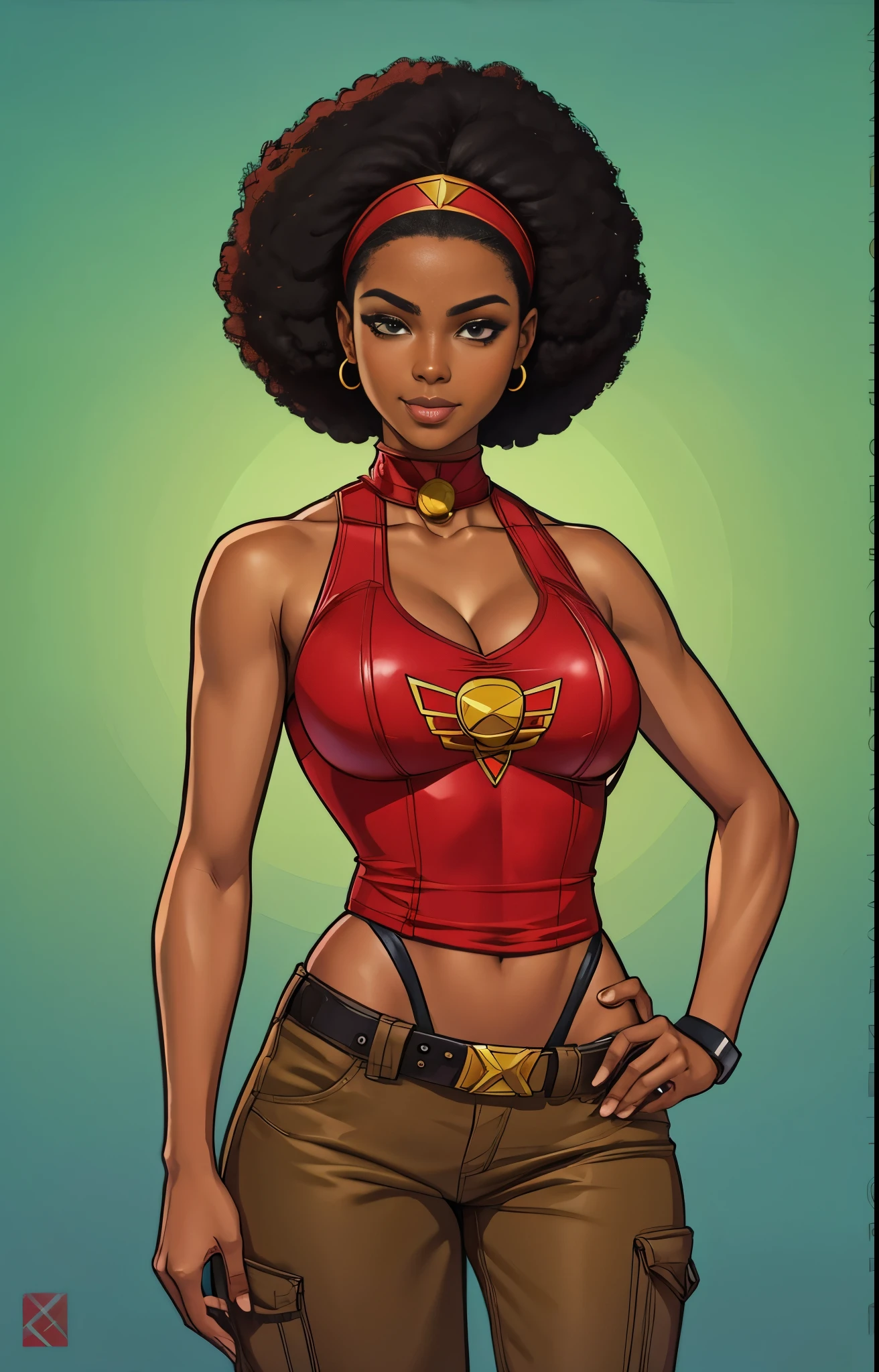 a cartoon of a woman with a red top and a red headband, female lead character, nerdy black girl super hero, 90s comic book character design, afro futurism, a portrait of the character, red afro, anya from spy x family, by Ella Guru, portrait of modern darna, full body character portrait, character full body portrait, colored illustration, afro