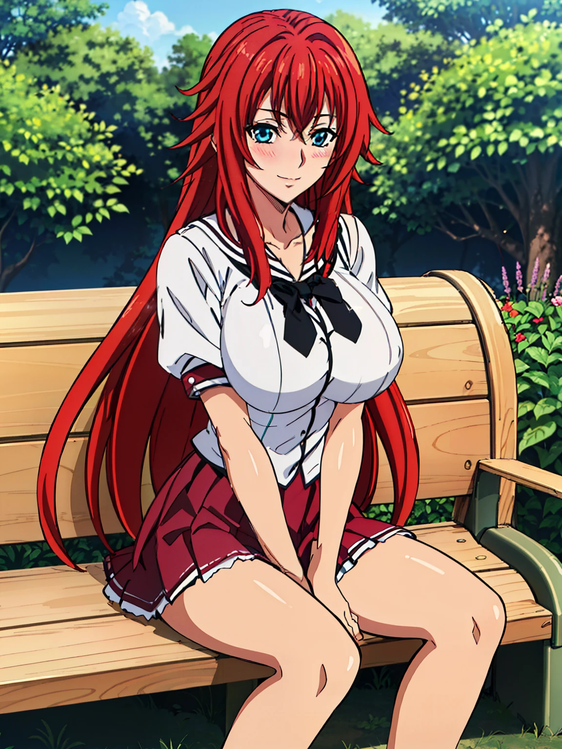 sitting at garden bench, 1 leg up, Black neckwear, white shirt, short sleeves, red pleated skirt, sailor coll, garden background, Rias Gremory, anime cels style, best quality, high resolution, 1girl, (huge breasts:1.2), beautiful face, Red hair,Very long hair, Blue EYES, cowboy shot, smiling, blush