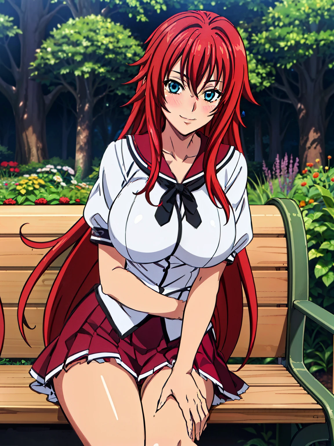 sitting at garden bench, 1 leg up, Black neckwear, white shirt, short sleeves, red pleated skirt, sailor coll, garden background, Rias Gremory, anime cels style, best quality, high resolution, 1girl, (huge breasts:1.2), beautiful face, Red hair,Very long hair, Blue EYES, cowboy shot, smiling, blush