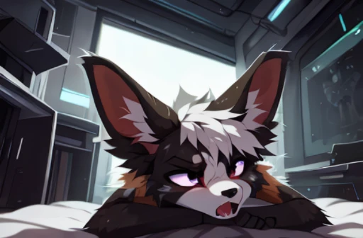 Cyberpunk Bedroom, ((by reysi)), Furry, ((Australian Shepard)), (solo), ((slender)), dark fur, white hair, ((teen)), ((male)), (robot legs, robot spine), (black mascara, ear ring, tight choker, short tail, shaking motion lines), nude, ((annoyed, frown, yelling)), (lying on stomach, butt raised, face down, doggy style), (cum on butt), dynamic pov