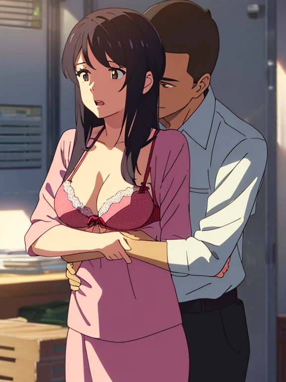 shinkai makoto, kimi no na wa., 1boy, buzzcut,office suit, boy caressing girl's body, kiss cheeks, passionate hug, boy is hugging from behind, breast groping from behind, 1girl, bangs, black hair, open mouth, brown eyes, Twisted Half Up, red ribbon, long hair, yellow blouse, open shirt, unbuttoned shirt, pink bra, cleavage, breast, medium breast, long gray skirt, storage room, indoors, masterpiece, perfect anatomy, cowboyshot