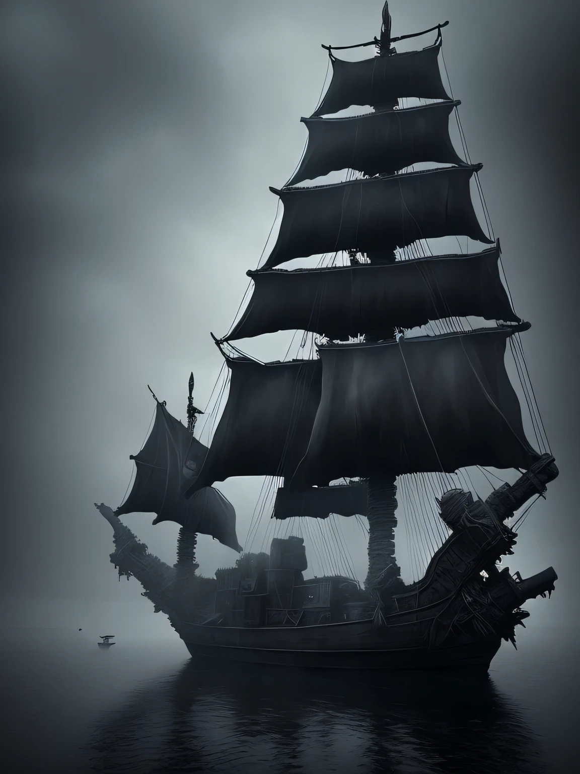 pirate boat with black sails, hull made of human skulls, gloomy spectral weather