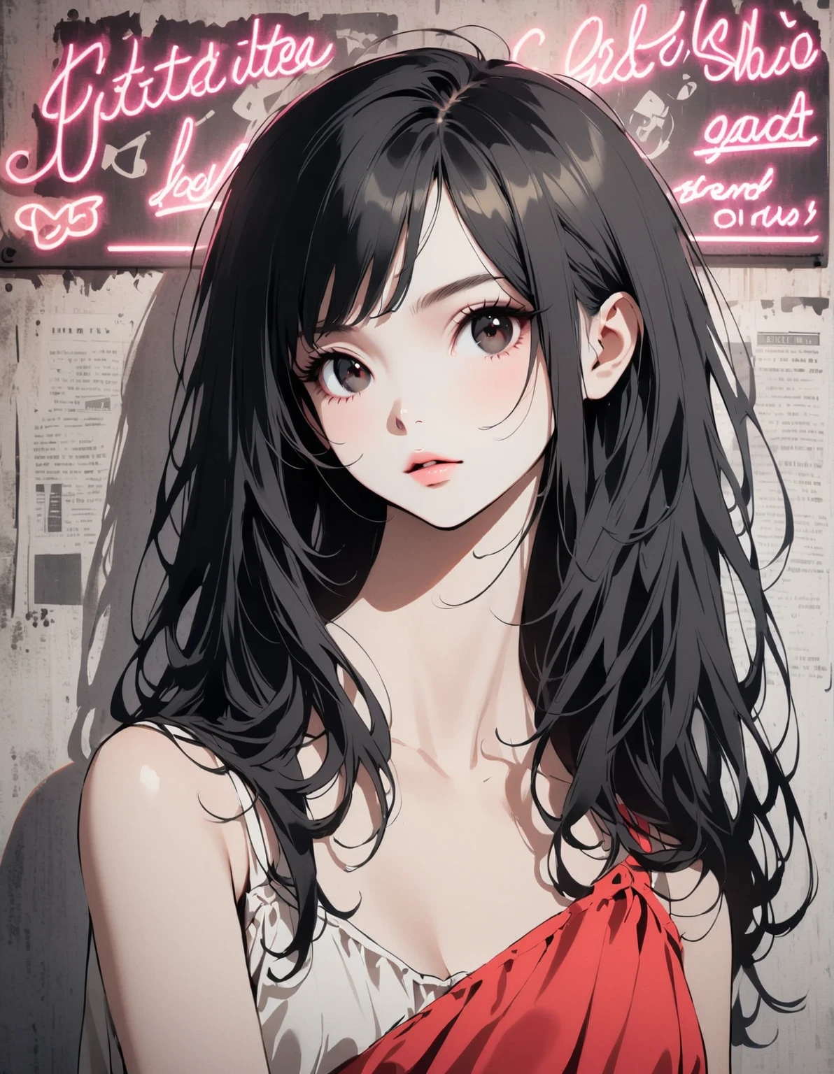 in in style of Goro Fujita, character, ink art, side view - ，(better quality, outline:1.2),realist,illustration，(Close-up of long-haired girl&#39;s face）, delicate lips, red skirt, (Newspaper wall background：1.3),Retro Style, (black bob hair:1.75 neon lights:1.32), , dark shadow