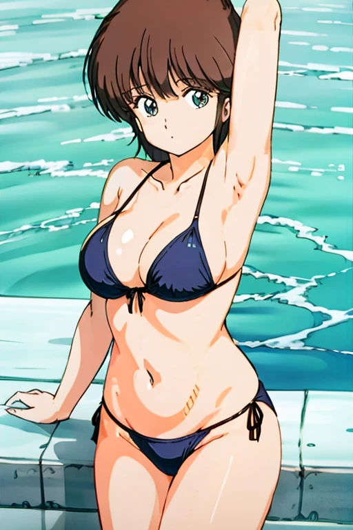 1 girl, Hikaru Hiyama, Erie detailed CG, Caustics, Cinematic lighting, Detailed, Beautiful detailed eyes, NSFW:1.8, Solo、Oily skin、cleavage、8 year old), ultra high resolution, Fine skin, (Cute: 1.2, Colorful miniature bikini), (Strong light),Stand-alone swimsuit、Outdoors、Vivid、Pool in the evening、clavicle、Crossed legs、Pink hair,((thick outline、black outlines、Illuminate the subject)),huge tit