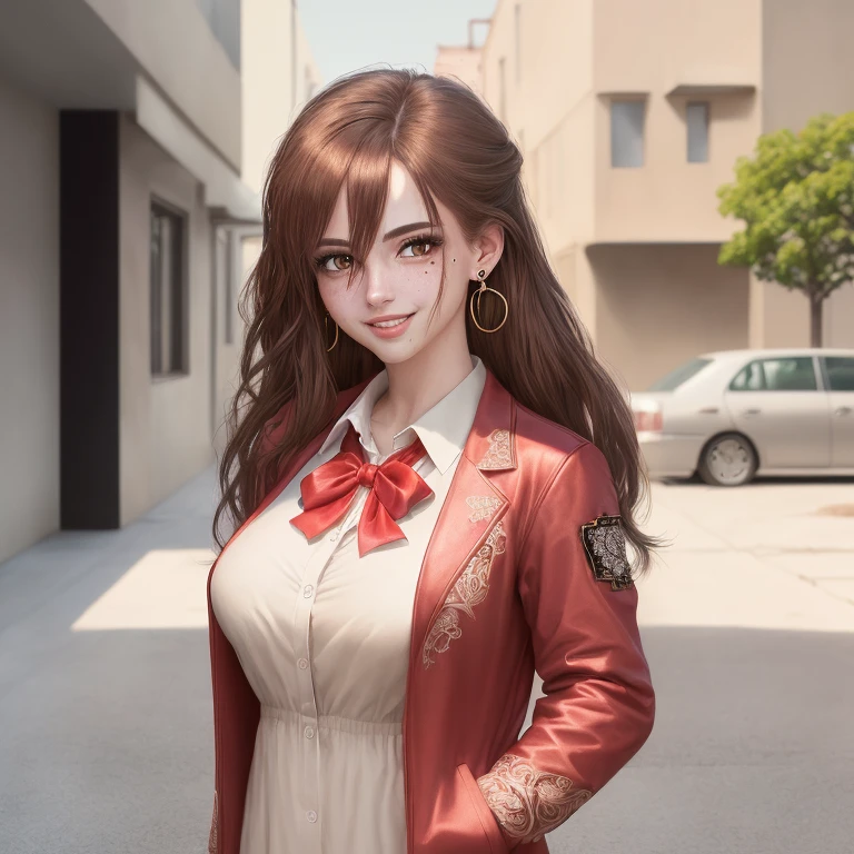 girl, blush, bow, brown eyes, brown hair, collared shirt, day, dress shirt, earrings, hair between eyes, jacket, jewelry, long hair, looking at viewer, looking to the side, mole, mole on breast, open clothes, open jacket, outdoors, parted lips, red bow, red jacket, shirt, sidelocks, smile, ink style, (masterpiece, best quality, perfect composition, very aesthetic, absurdres, ultra-detailed, intricate details, Professional, official art, Representative work:1.3)