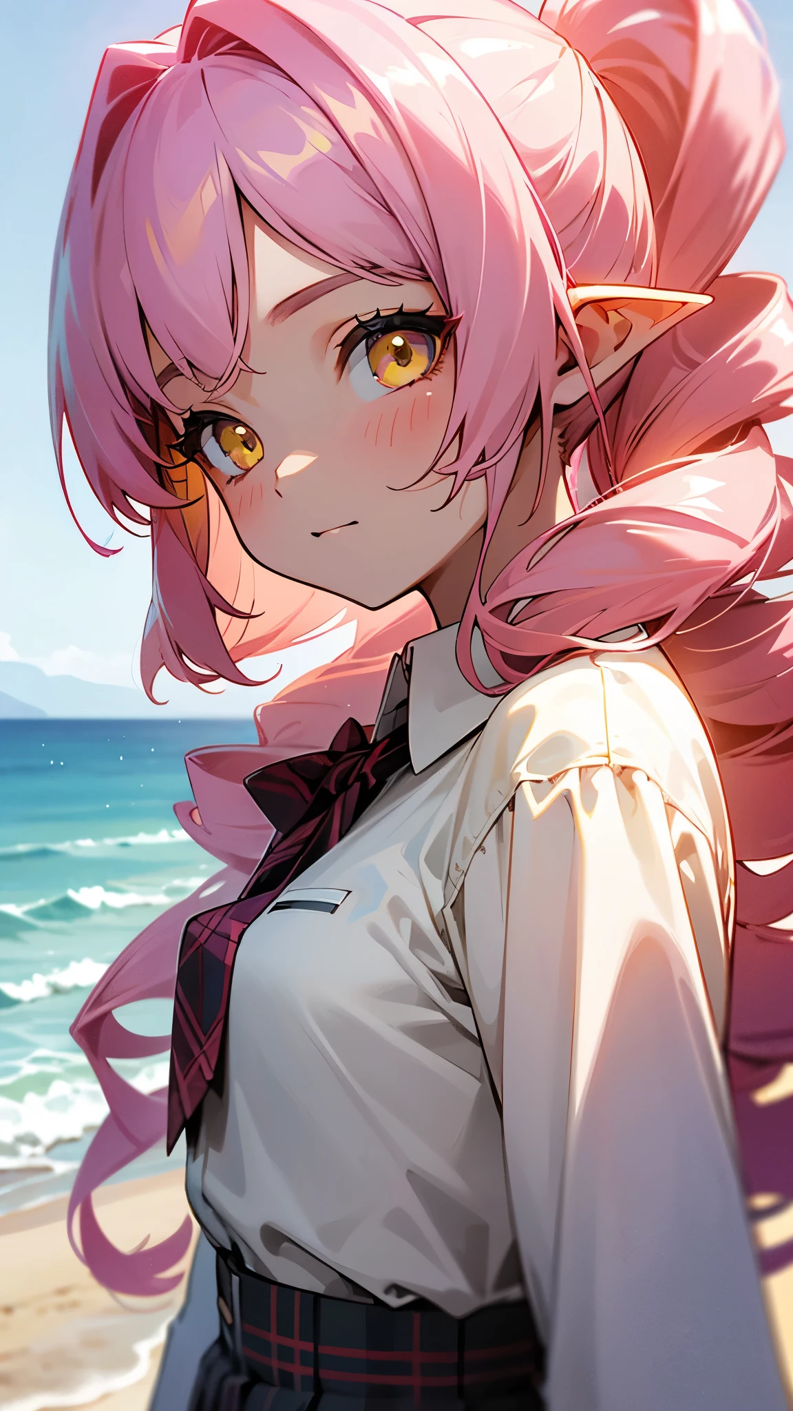 16 year old girl、long hair pink、twin drill, Bangs divided into left and right:1.5、yellow eyes、pointed ears、white blouse shirt、plaid skirt、beach scenery、soft lighting、Summer mood、upper body close-up