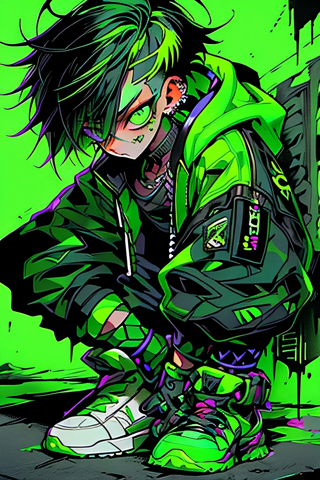 Step Piece, Best Quality, Best Illustration, Ultra-detailed,boy, green short dread hair, crazy baddie boy, Cool Black Open Short Jacket, neck tattoo, Messy Fade Cut Hair, Side dread hair,Crazy, standing with an eerie feeling, abandond street graffiti wall background,knee high socks, quirky sneakers, unusual green colored eyes, Eyes of fear, Vivid eyes, cool shot