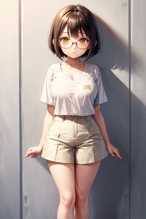 a woman in a short skirt and glasses, short hair is posing for a photo, a hyperrealistic anime girl, hyperrealistic, cutesexyrobutts, realistic and seductive, backlit, bent over, ecchi, ecchi anime style, oppai, cute anime girl squatting, ecchi style , anime, anatomically correct, super detail, high quality, 4K