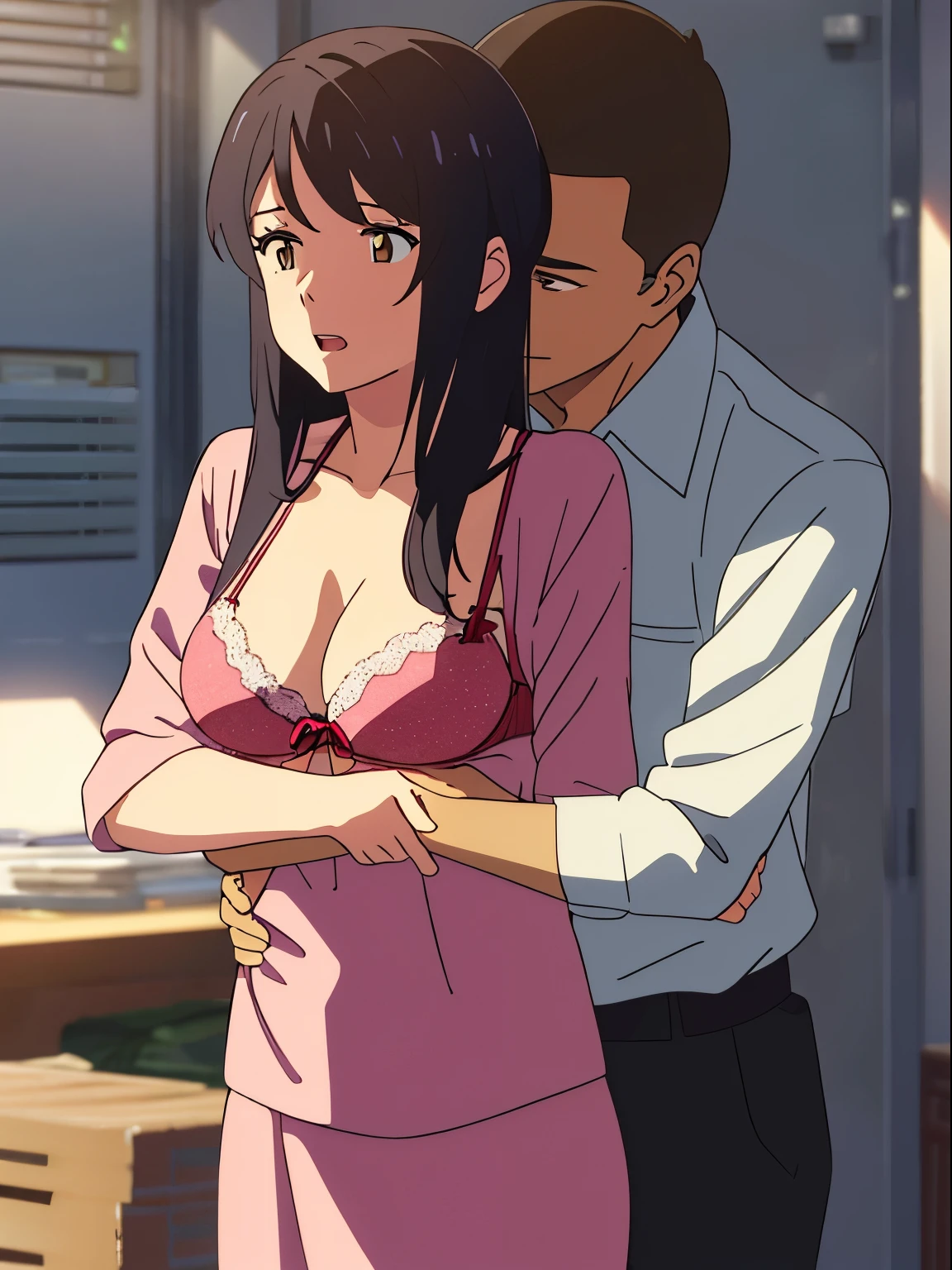 shinkai makoto, kimi no na wa., 1boy, buzzcut,office suit, boy caressing girl's body, kiss cheeks, passionate hug, boy is hugging from behind, breast groping from behind, 1girl, bangs, black hair, open mouth, brown eyes, Twisted Half Up, red ribbon, long hair, yellow blouse, open shirt, unbuttoned shirt, pink bra, cleavage, breast, medium breast, long gray skirt, storage room, indoors, masterpiece, perfect anatomy, cowboyshot