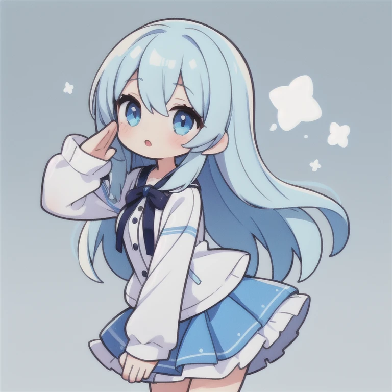 1 girl, Big eyes, long eyelashes,Light blue skirt,light blue long hair,light blue eyes, salute, learn