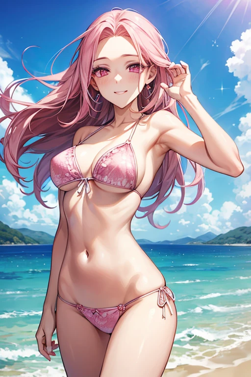 Masterpiece, highest quality, beautiful background, (sea,sky), gravure idol, sexy pose, string bikini, pink hair, pink eyes, the most beautiful woman in the world, the best style, sparkling eyes, detailed eyes, beautiful face,A bursting smile,Forehead exposed,dynamic pose