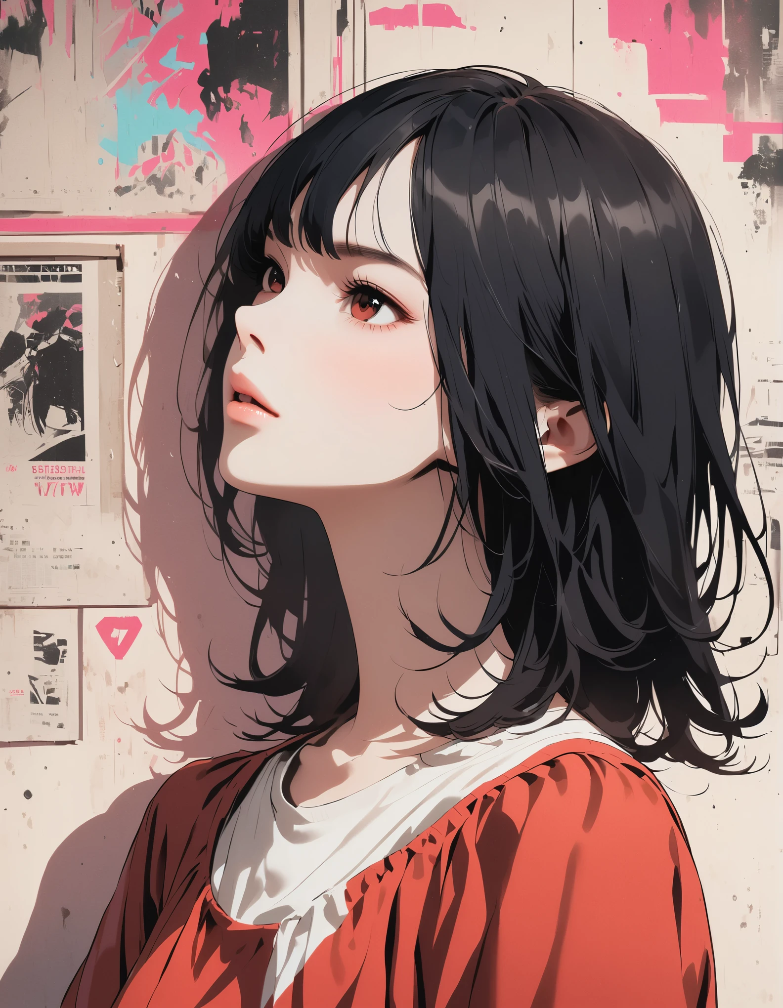 in in style of Goro Fujita, character, ink art, side view - ，(better quality, outline:1.2),realist,illustration，(Close-up of long-haired girl&#39;s face）, delicate lips, red skirt, (Newspaper wall background：1.3),Retro Style, (black bob hair:1.75 neon lights:1.32), , dark shadow