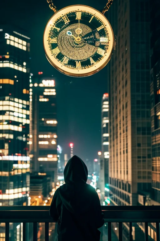 Uma cena urbana noturna, where city lights mix with neon, criando um ambiente futurista e sombrio. Em primeiro plano, a giant clock ticking down the last few seconds, seus ponteiros prestes a congelar. Around the clock, an enigmatic figure stands out, meio escondida nas sombras, wearing a hoodie and holding an antique pocket watch, quebrado, simbolizando o tempo esgotado. Ao fundo, Towering skyscrapers rise into the darkness, as streaks of colored lights cut across the night sky. The environment is charged with an atmosphere of urgency and mystery., reflecting the theme of the song "Seu Tempo Acabou", with an aesthetic that merges the present and the future, creating a visually captivating and intriguing experience for viewers.