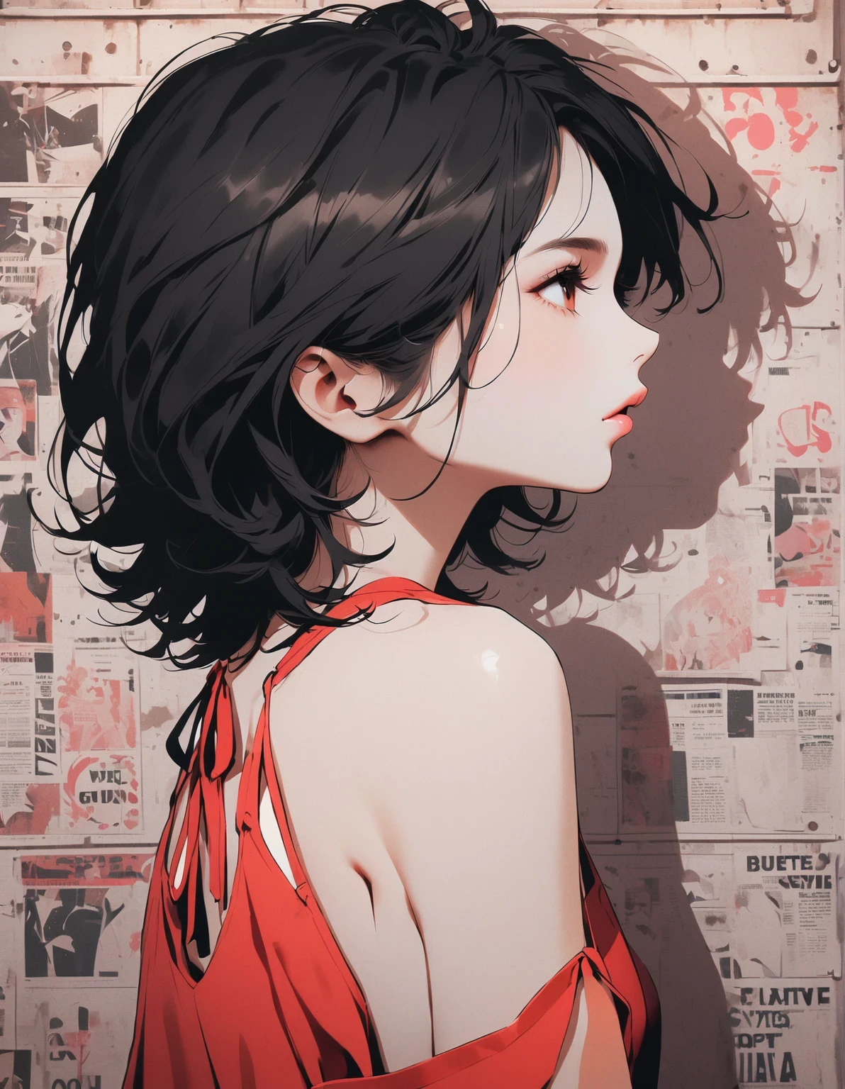 in in style of Goro Fujita, character, ink art, side view - ，(better quality, outline:1.2),realist,illustration，(Close-up of long-haired girl&#39;s face）, delicate lips, red skirt, (Newspaper wall background：1.3),Retro Style, (black bob hair:1.75 neon lights:1.32), , dark shadow