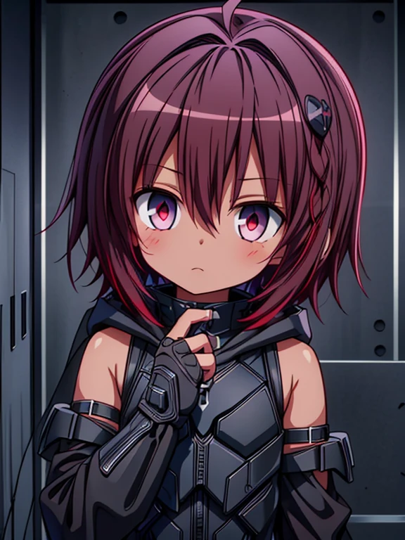 Masterpiece High res, high definition, high quality 
detailed, male dark skin, cute shota,red eyes, dark brown hair, medium dark brown hair,wearing a black exoskeleton, detached sleeves, black armoured Gauntlets, black tech jacket,black bodysuit, black exoskeleton, black fingerless gloves, 