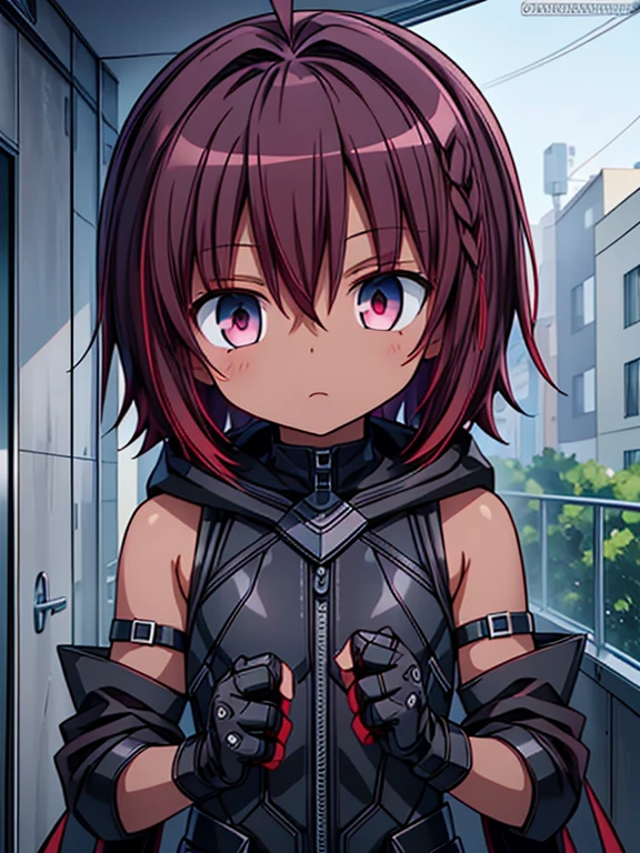 Masterpiece High res, high definition, high quality 
detailed, male dark skin, cute shota,red eyes, dark brown hair, medium dark brown hair,wearing a black exoskeleton, detached sleeves, black armoured Gauntlets, black tech jacket,black bodysuit, black exoskeleton, black fingerless gloves, 