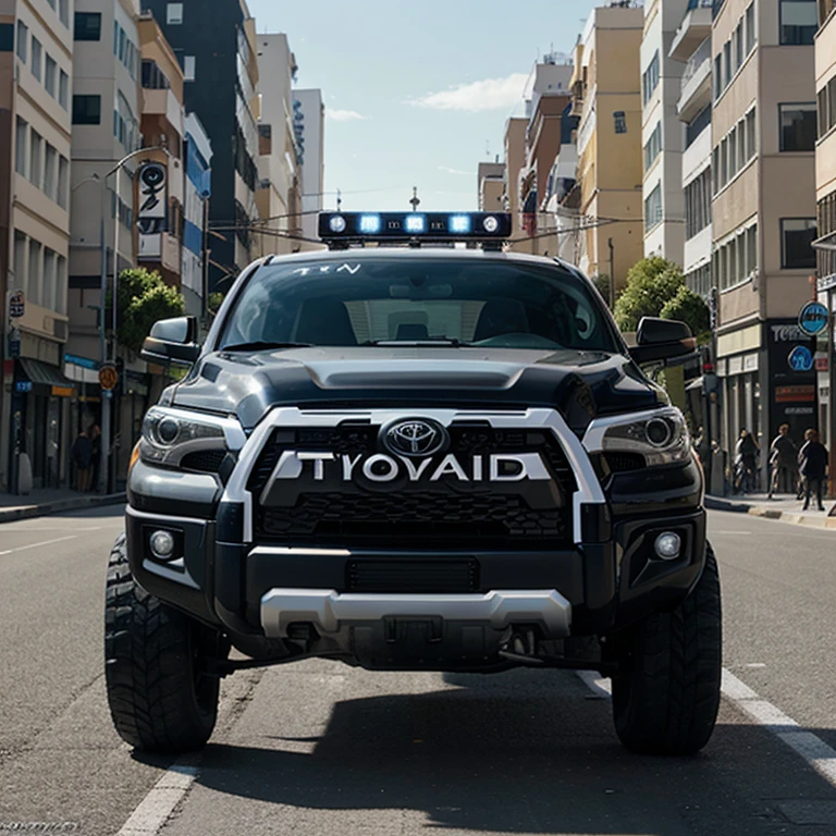 Un coche deportivo Toyota tundra futurista en la calle de una ciudad futurista.