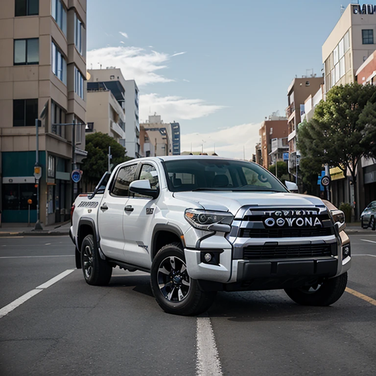 Un coche deportivo Toyota tundra futurista en la calle de una ciudad futurista.