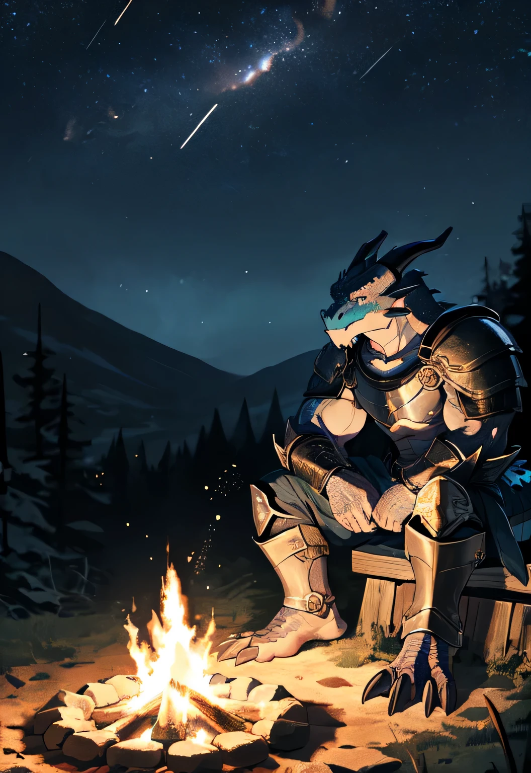 alone, Kanno, (dragon), Humanity, male, ((black body)), scales, Tail, muscle, Handsome, armor, middle Ages, fantasy, outdoor, external, dark, night, forest, campfire, camp, Star, sitting, toe claws, epic, depth of field, perfect lighting, (light particles),(best quality),(masterpiece),(ultra deTailed),sharp focus,light particles