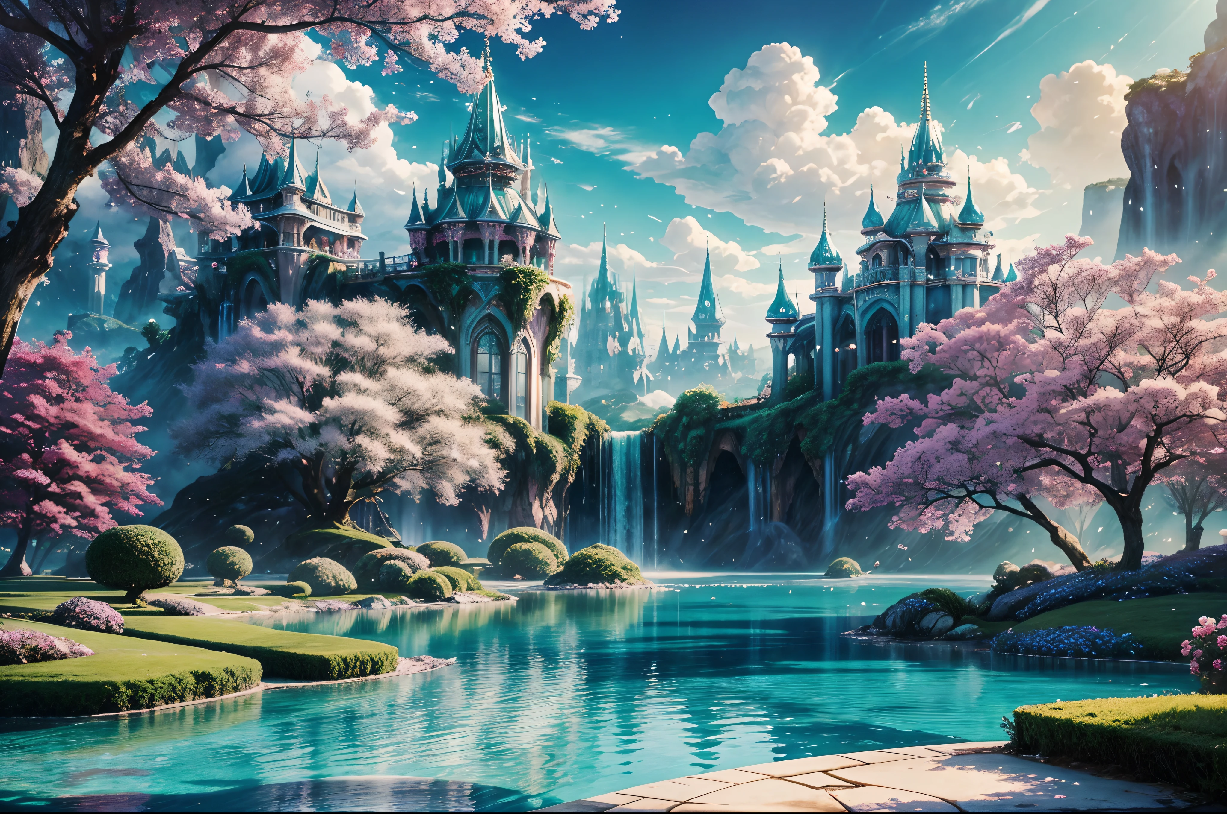 Visualize a mesmerizing scene from a magnificent realm of romantic dreams. The environment is filled with intricate floating islands, nuvens fofas, cachoeiras caindo das ilhas flutuantes, e um vibrante, atmosfera surreal. The atmosphere is filled with a sense of wonder and tranquility. Inclua muitos tons de tons vibrantes de joias. This scene will be depicted in an anime-style illustration, com linhas suaves, Cores pastel, e um toque caprichoso. All buildings are extremely detailed and elegant. The artwork will capture the ethereal beauty and tranquility of the dream realm, creating a sense of harmony and escape from the ordinary world. Include teal water, Colorful skies in watercolor, elementos brilhantes, e muitos pequenos detalhes de fantasia, including iridescence, paisagens majestosas habilmente criadas, e brilhar e brilhar. Acima de tudo, Isso deve parecer uma obra de arte de fantasia. Inclua muitas cores vibrantes e detalhes vagamente surreais.