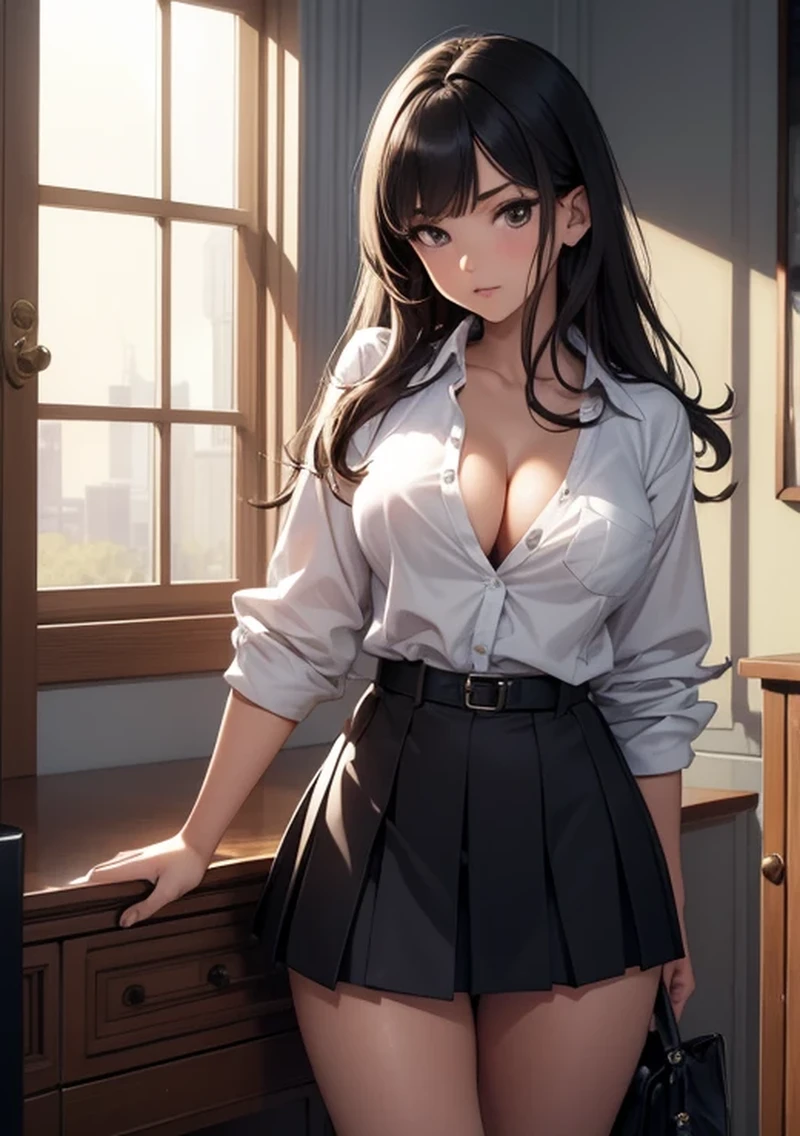 1 girl, Natural light, masterpiece, very detailed, figure, game CG, disorganized, high quality, medium breasts, black hair, lightly curled hair, glossy lips, looking at the viewer, lips parted, room, white blouse buttons last time, cleavage, short black pleated miniskirt,A little of the panties are visible through the miniskirt, (leaning towards the viewer),